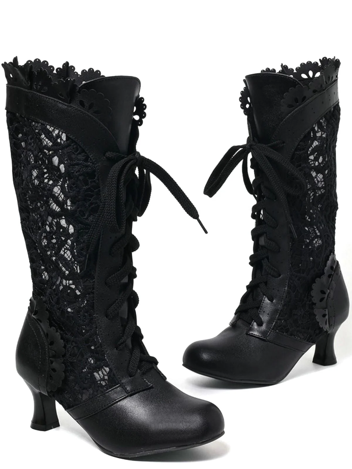 Bottines à lacets style victorien en dentelle à petits talons