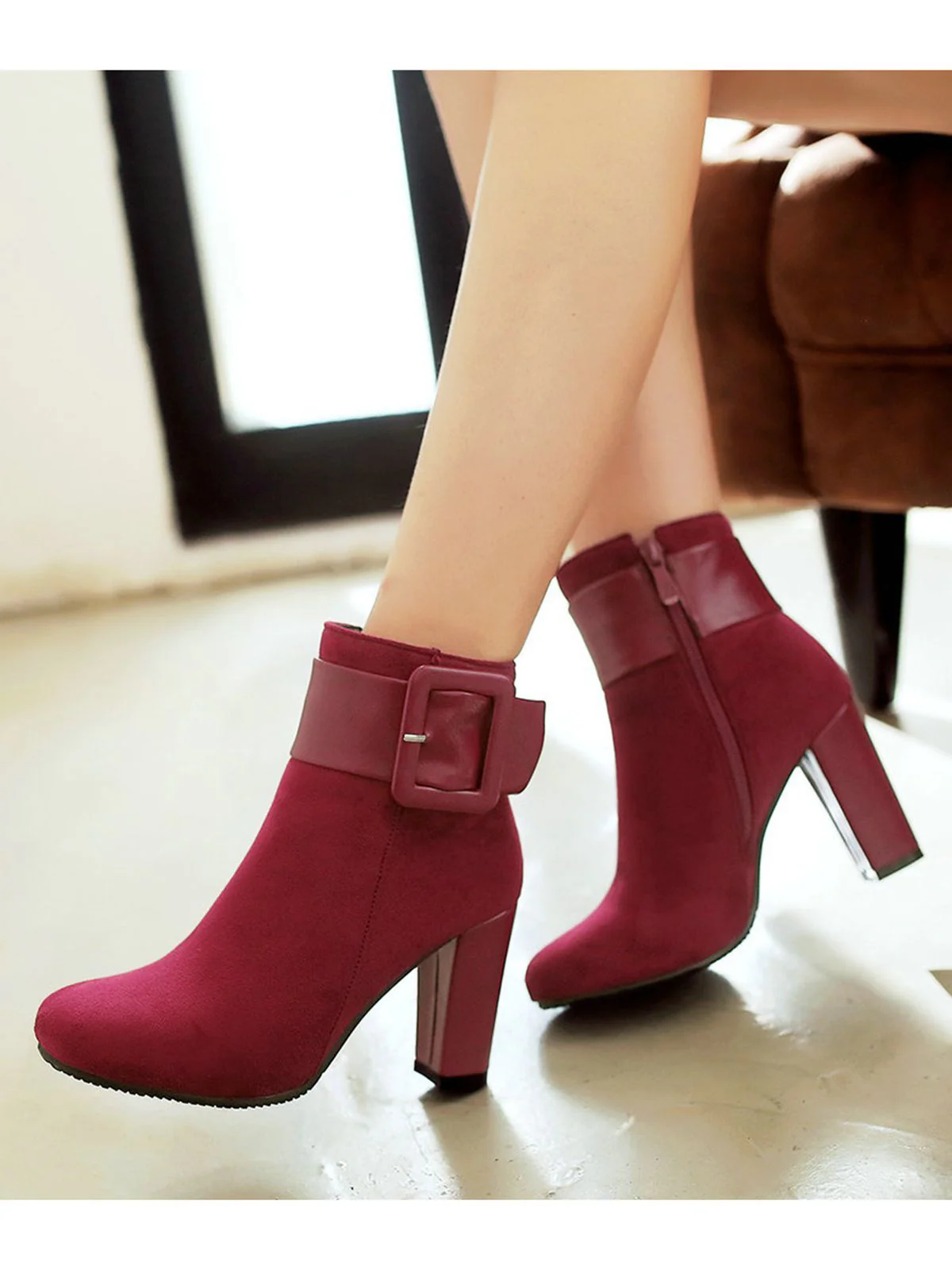 Bottines à Talons Épais Rétro à Ceinture Unie - Image 8