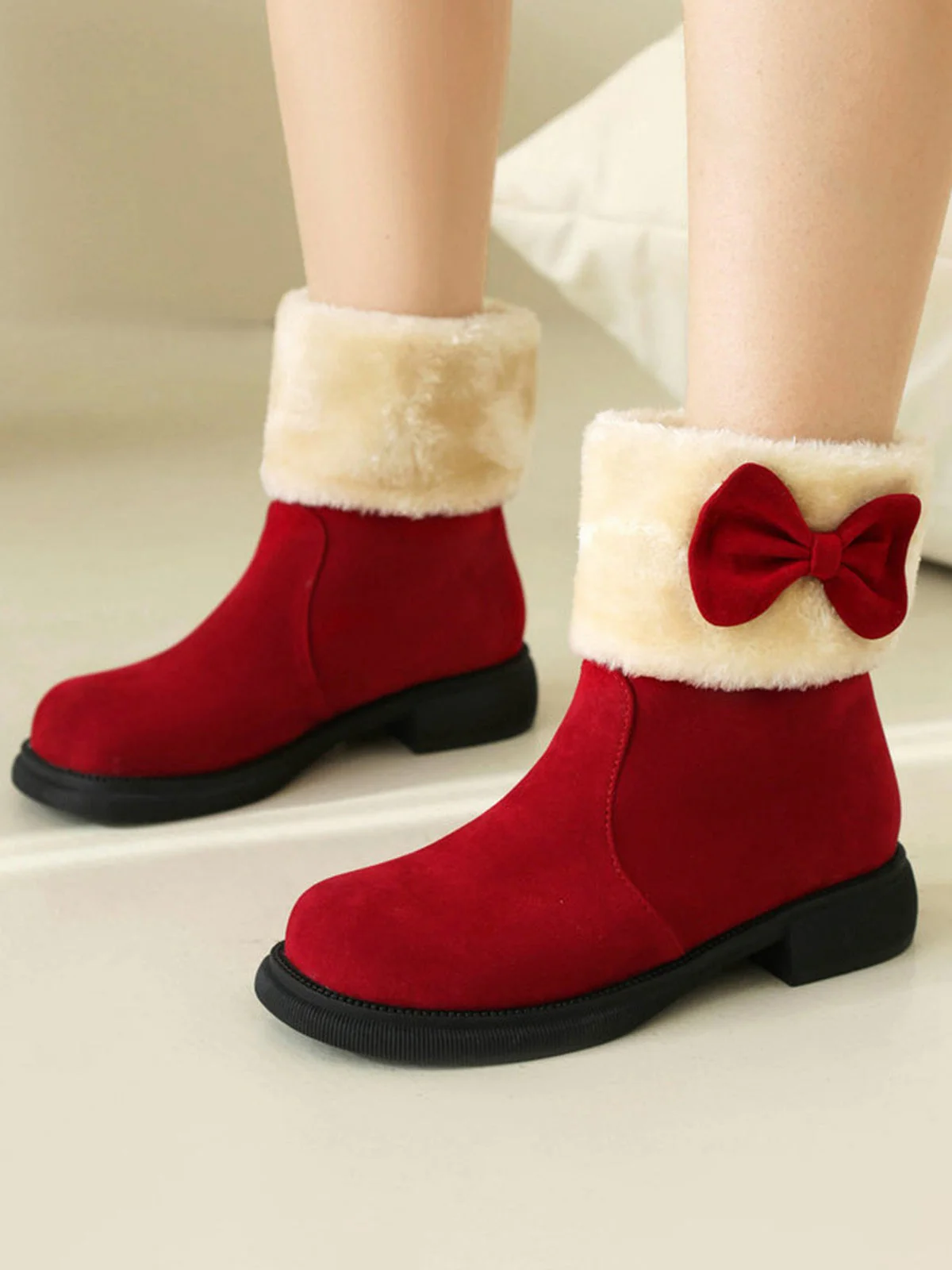 Bottines d'hiver à bout rond et nœud orné de peluche - Image 2