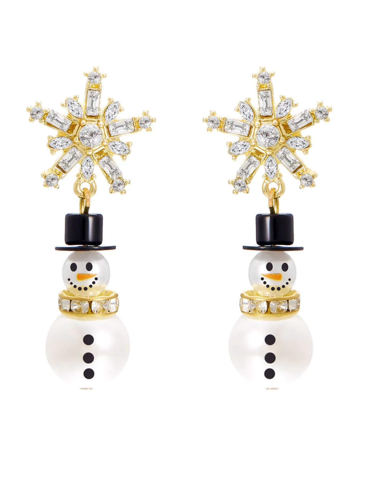 Boucles d'oreilles bonhomme de neige en strass flocons de neige et perles