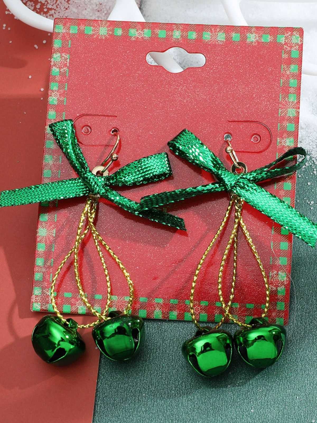 Boucles d'oreilles clochettes avec nœud scintillant de Noël - Image 2