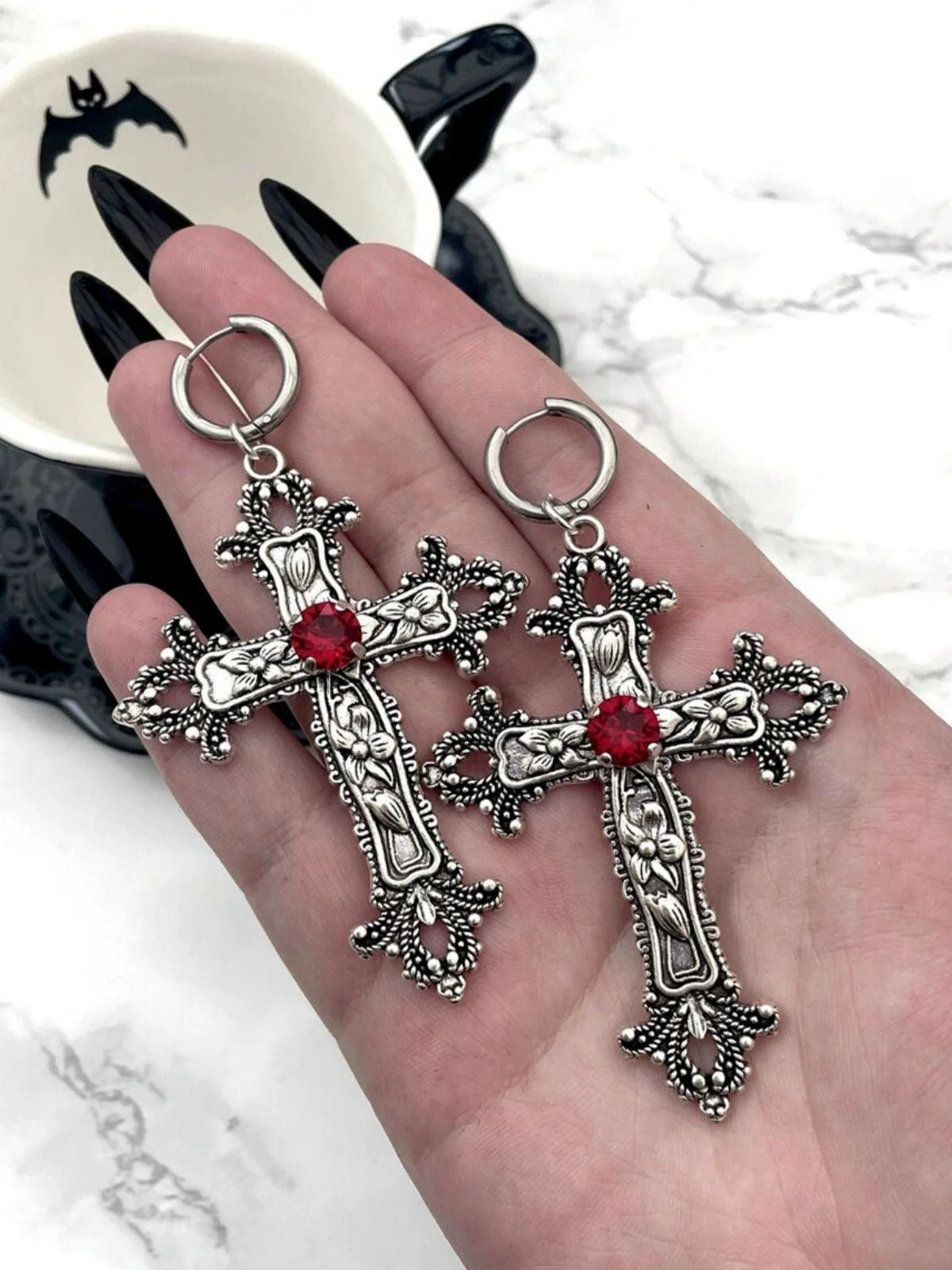 Boucles d'oreilles Halloween gothique croix 3D fleur - Image 2