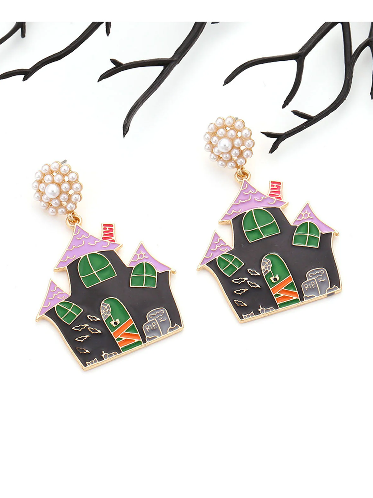 Boucles d'oreilles noires de la maison hantée du dessin animé d'Halloween - Image 2