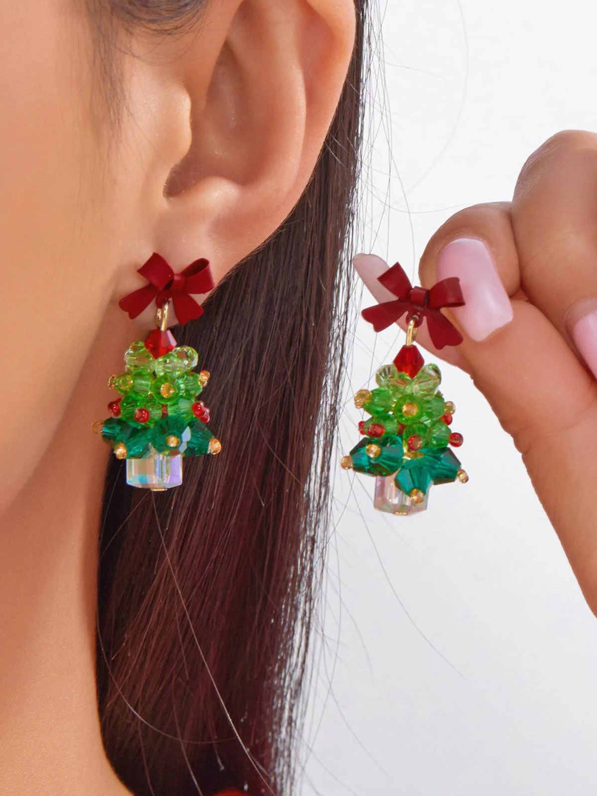 Boucles d'oreilles pendantes vintage sapin de Noël et nœud - Image 2