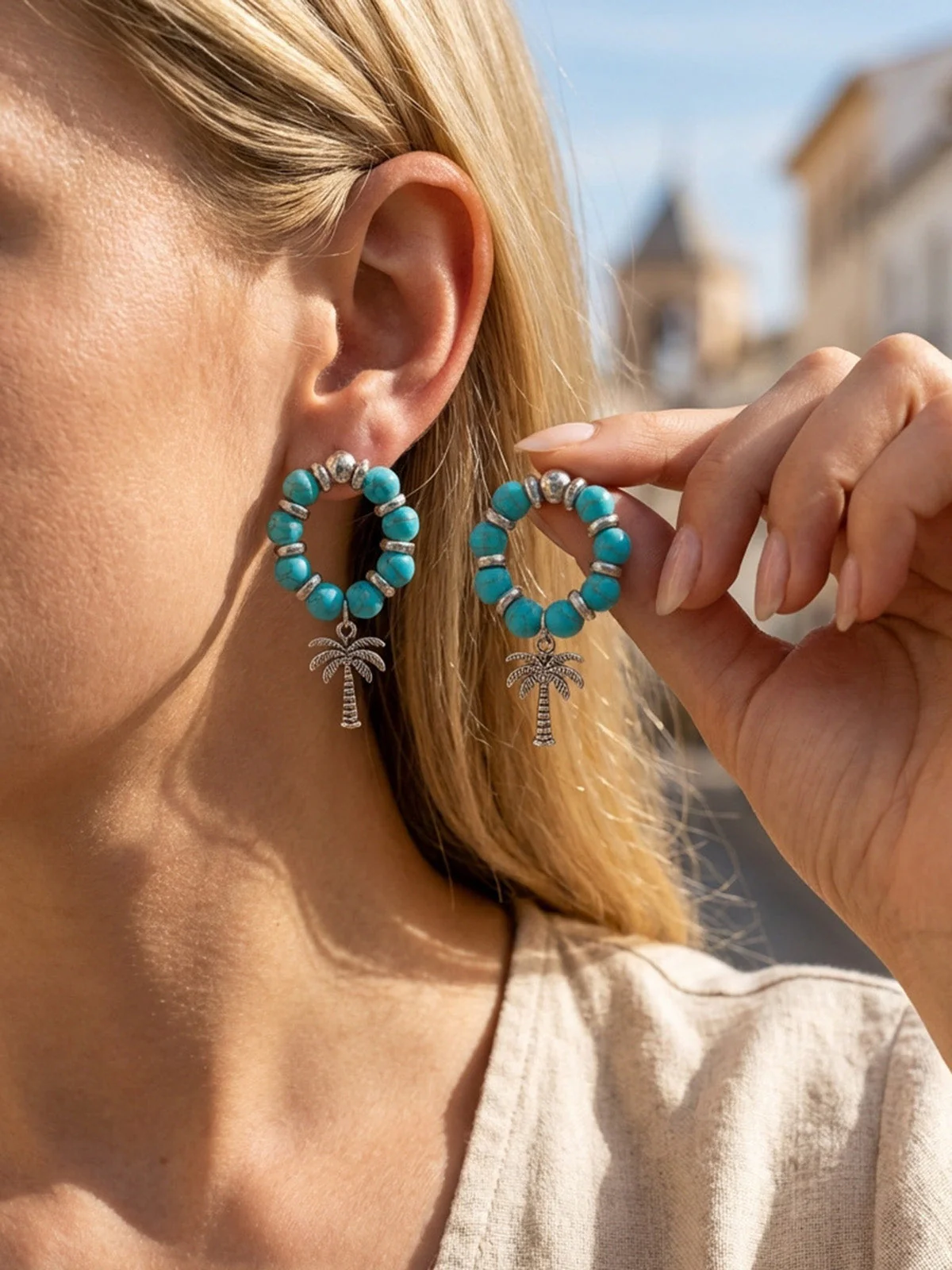 Boucles d'oreilles perles motif palmier bleu lac - Image 5