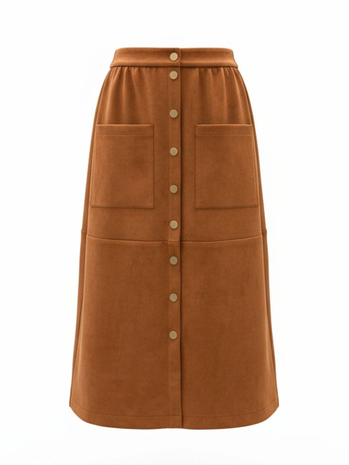 Jupe mi-longue boutonnée en velours côtelé marron avec poches des années 1960