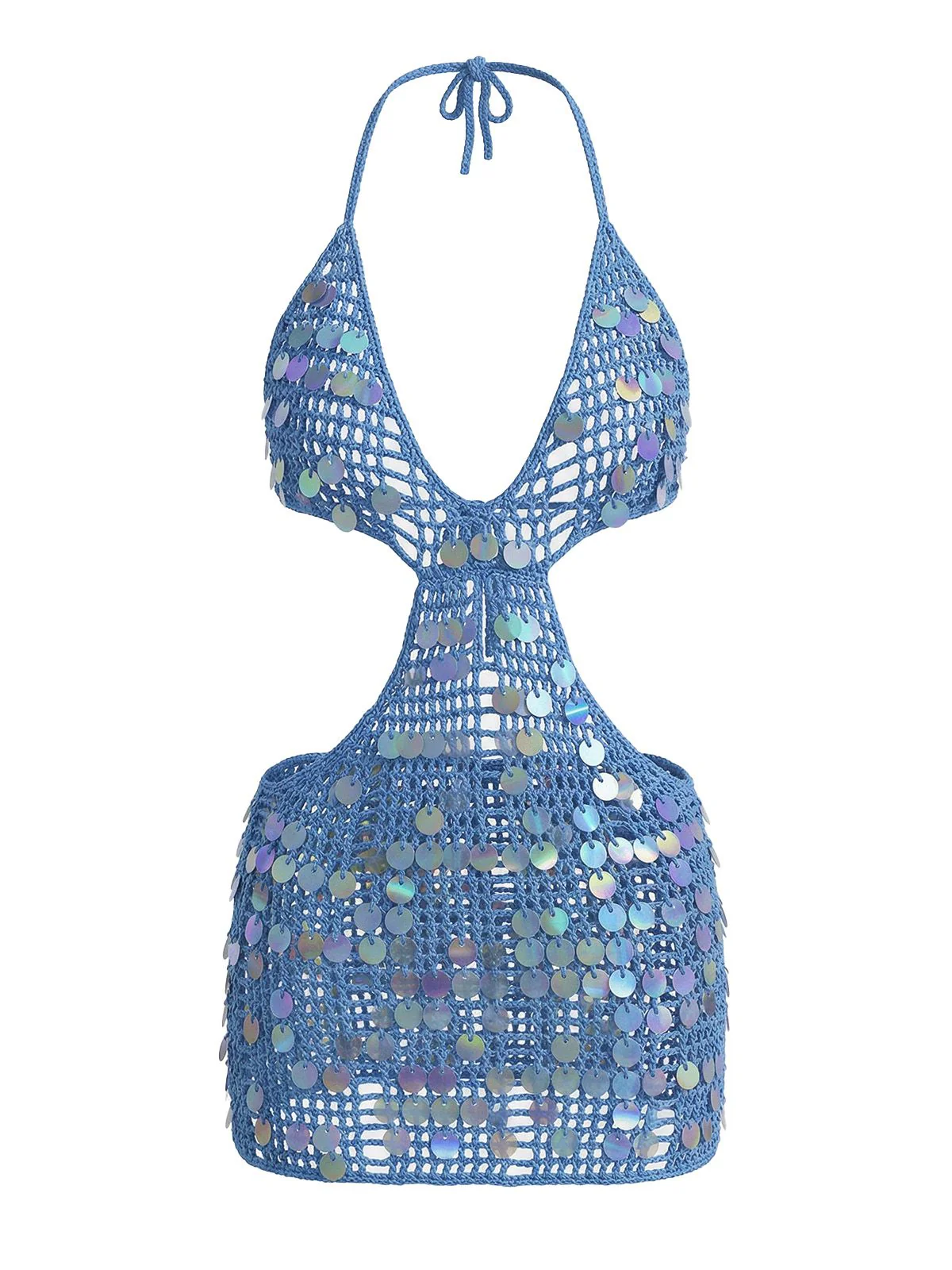 Cache-maillot plage bleu sequins décolleté V profond et dos nu années 1980 - Image 3