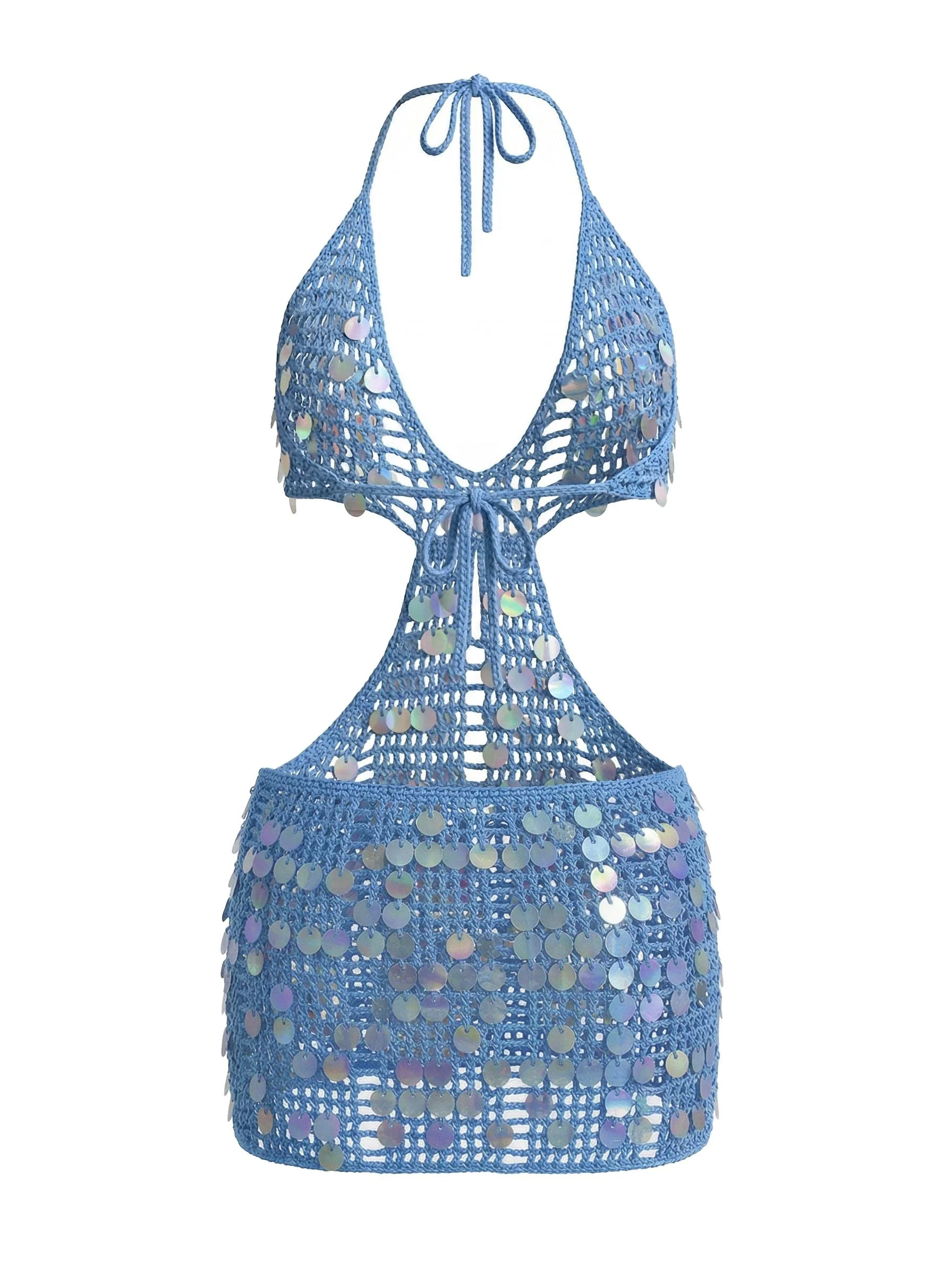 Cache-maillot plage bleu sequins décolleté V profond et dos nu années 1980 - Image 4