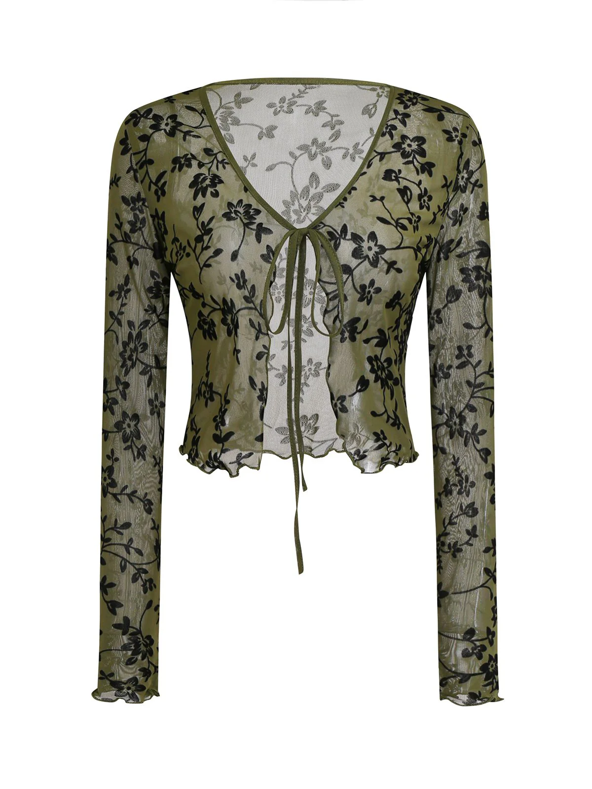 Cardigan transparent à lacets et imprimé botanique des années 1980 - Image 3