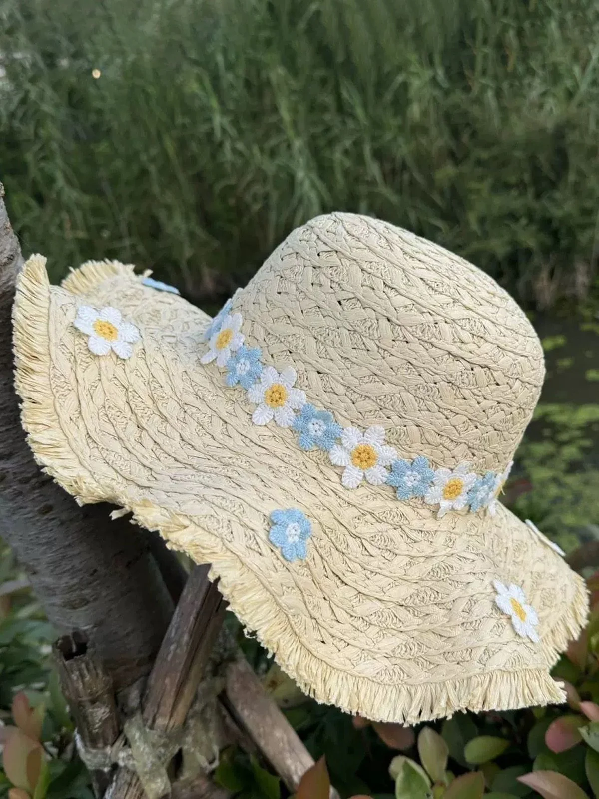 Chapeau de soleil à franges en raphia 3D à motif marguerite - Image 2