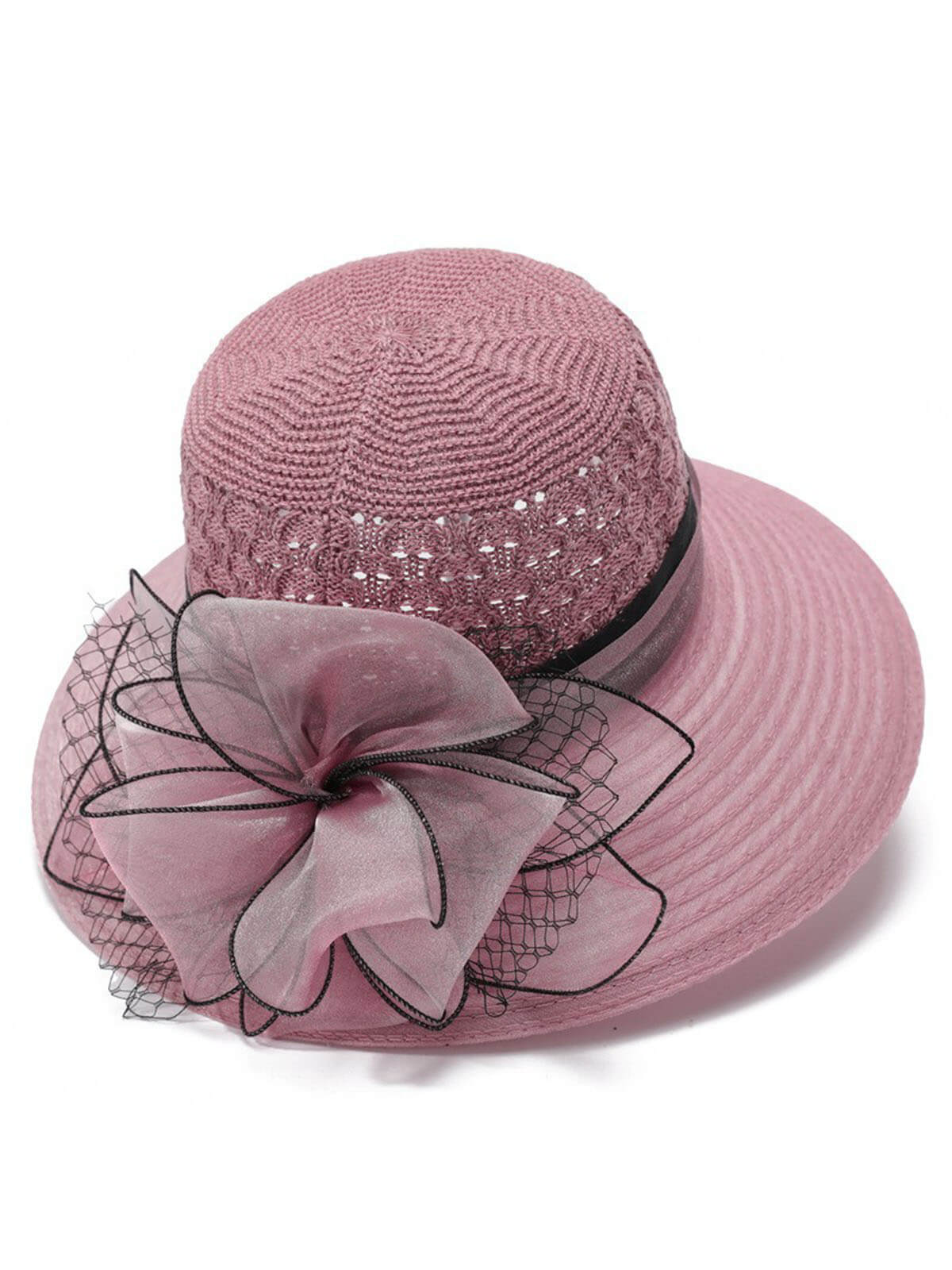 Chapeau de soleil en paille avec nœud papillon en organza au crochet - Image 2