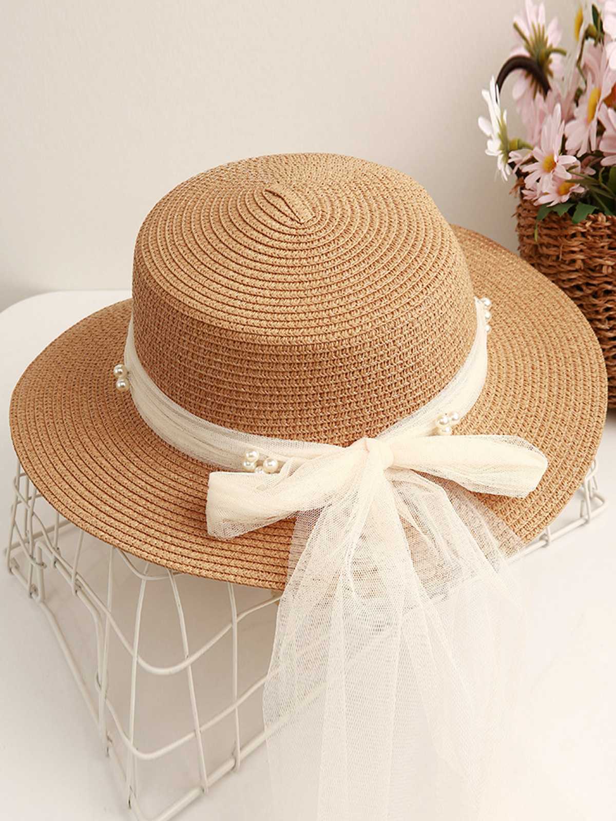 Chapeau Ruffia en ruban transparent et perles vintage - Image 2