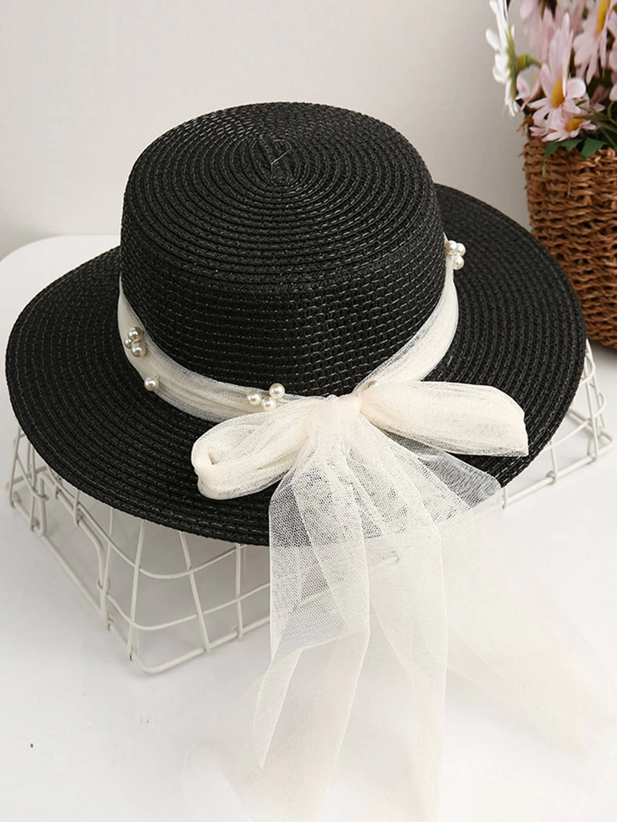 Chapeau Ruffia en ruban transparent et perles vintage - Image 3