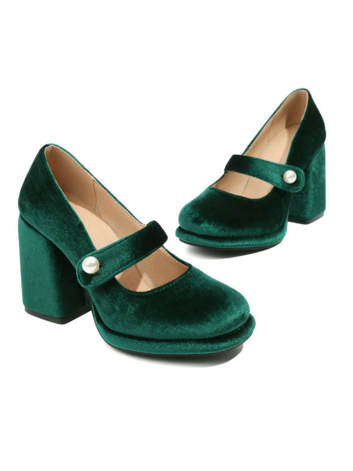 Chaussures Mary Jane en velours à boutons nacrés et talons compensés - Image 8