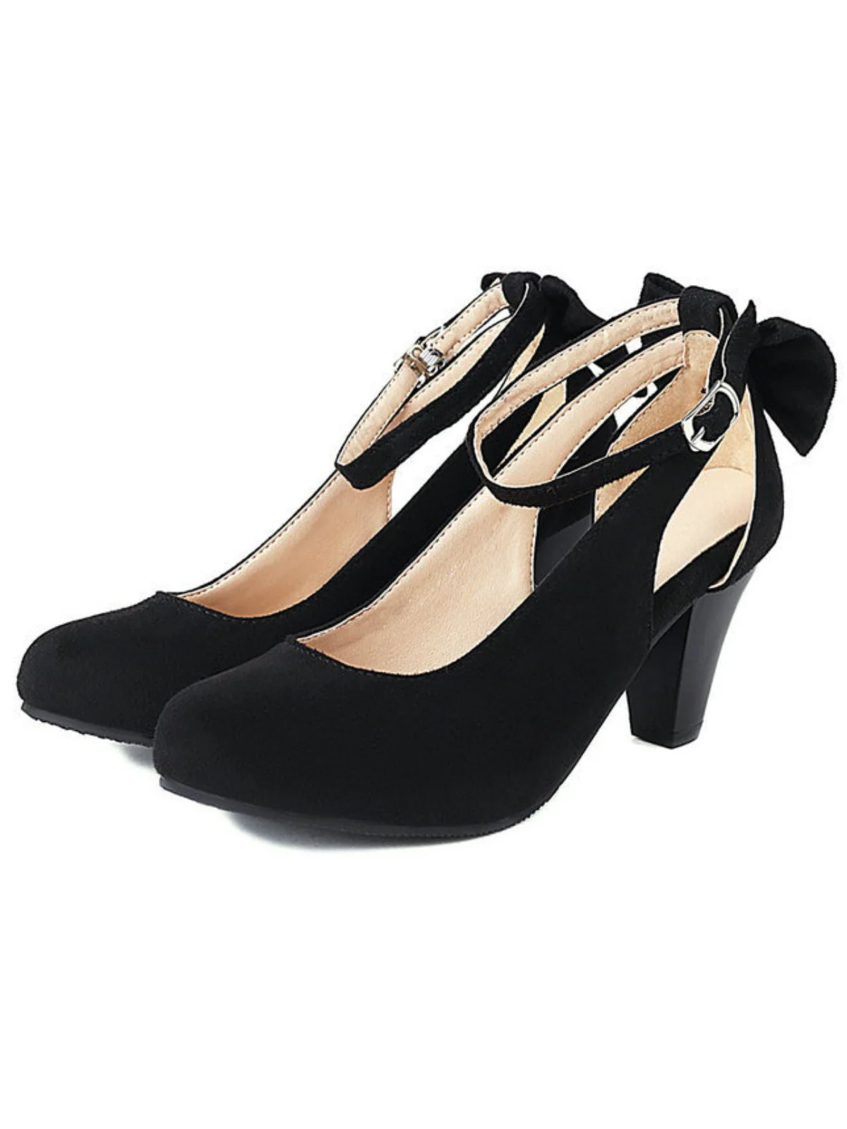 Chaussures vintage en daim à talons hauts et épais avec nœud papillon - Image 3