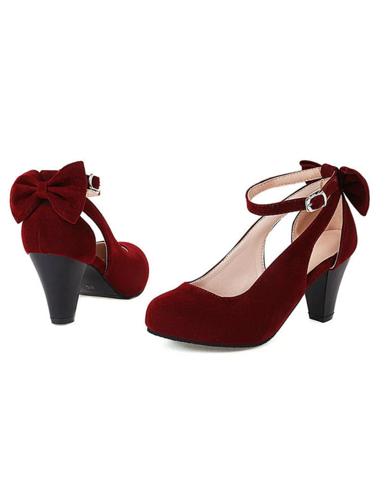 Chaussures vintage en daim à talons hauts et épais avec nœud papillon - Image 8