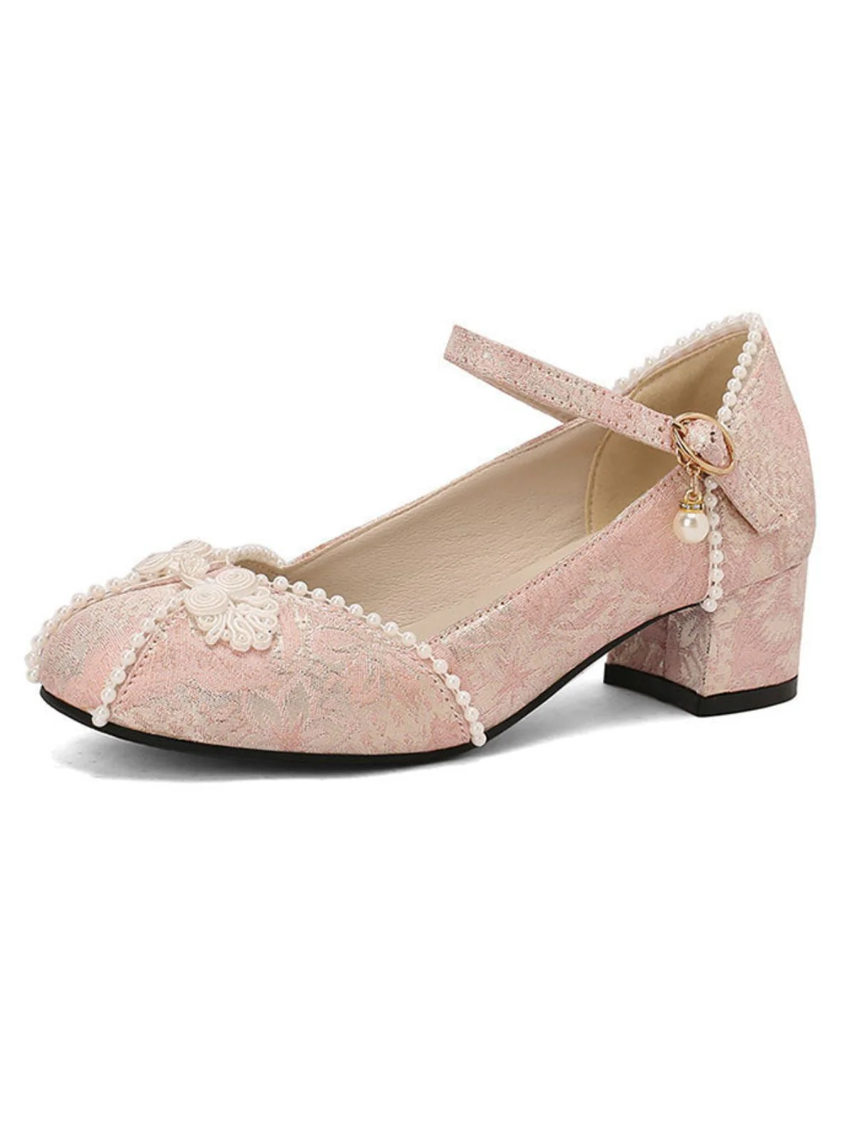 Chaussurres Mary Jane à talons épais en jacquard fleuri et perles - Image 11