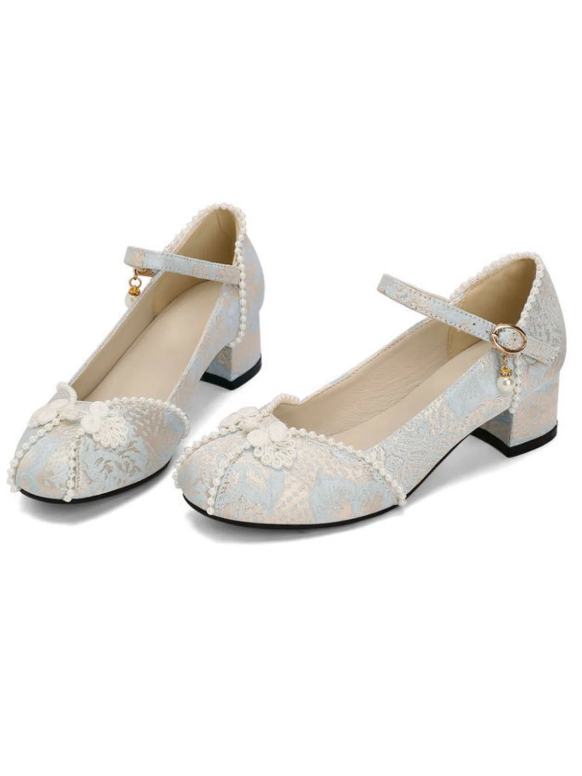 Chaussurres Mary Jane à talons épais en jacquard fleuri et perles - Image 2