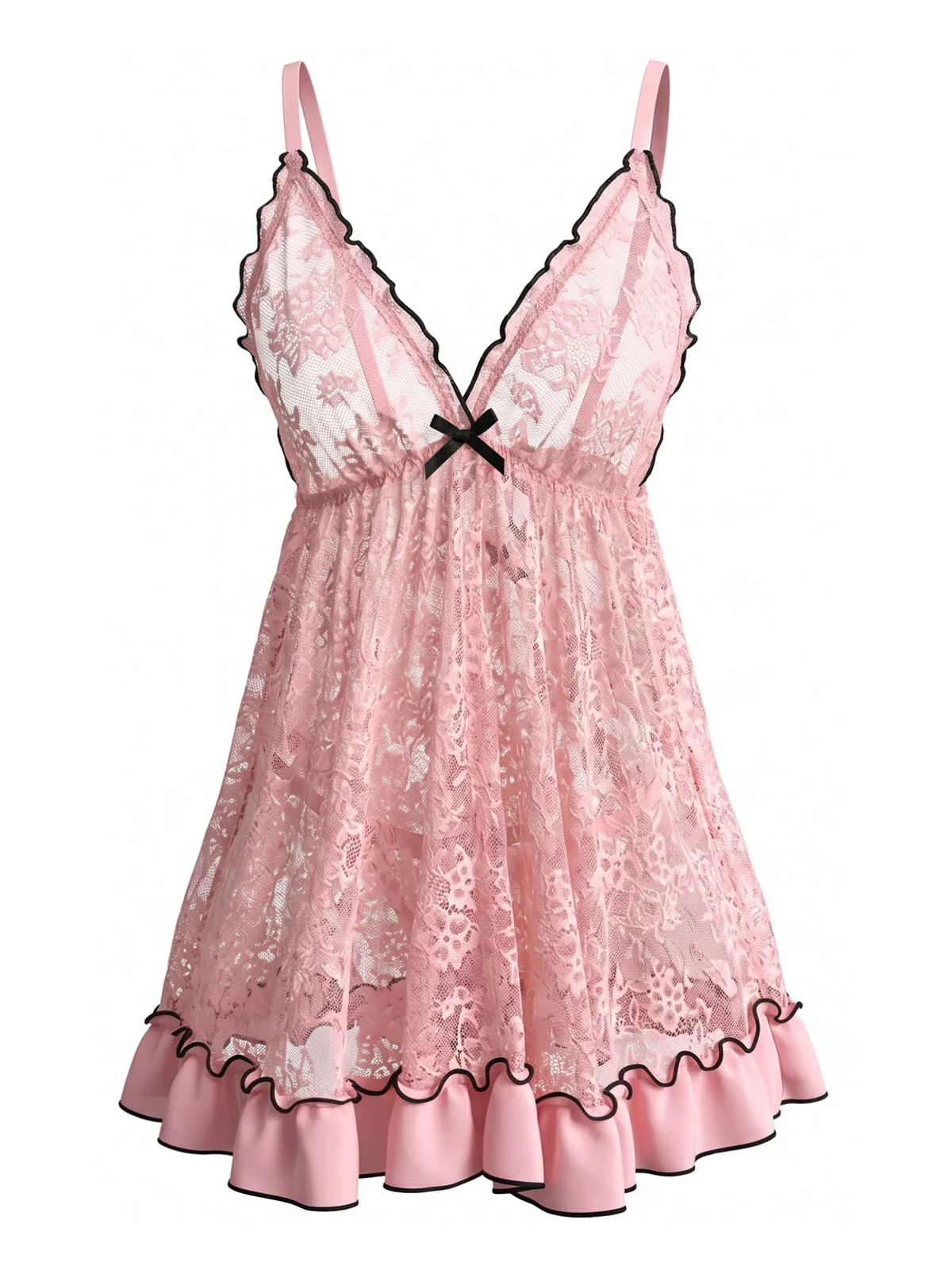Chemise de nuit babydoll rose transparente dentelle et ourlet volants années 80 - Image 2