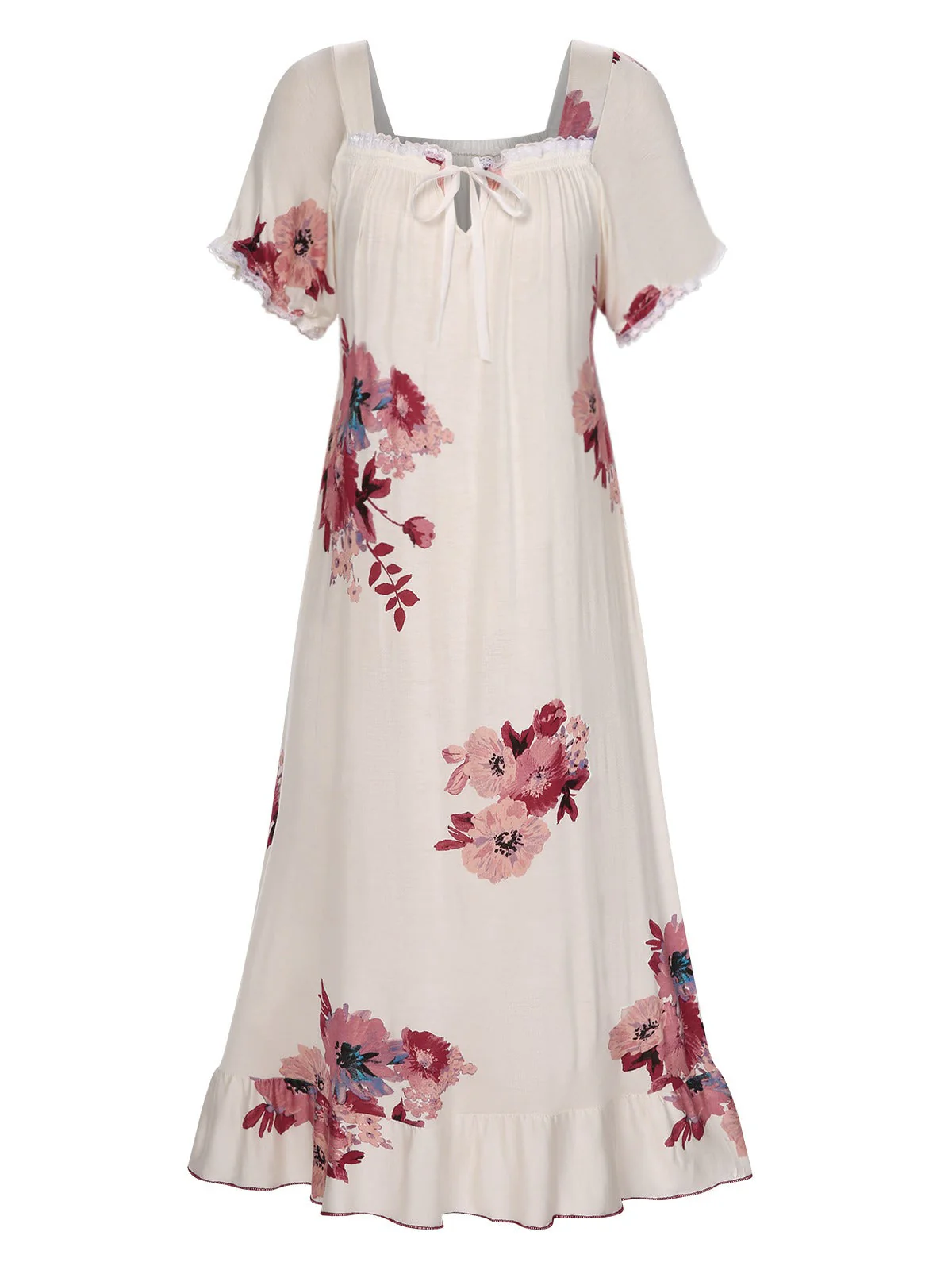 Chemise de nuit beige à fleurs manches bouffantes col carré des années 1930 - Image 2