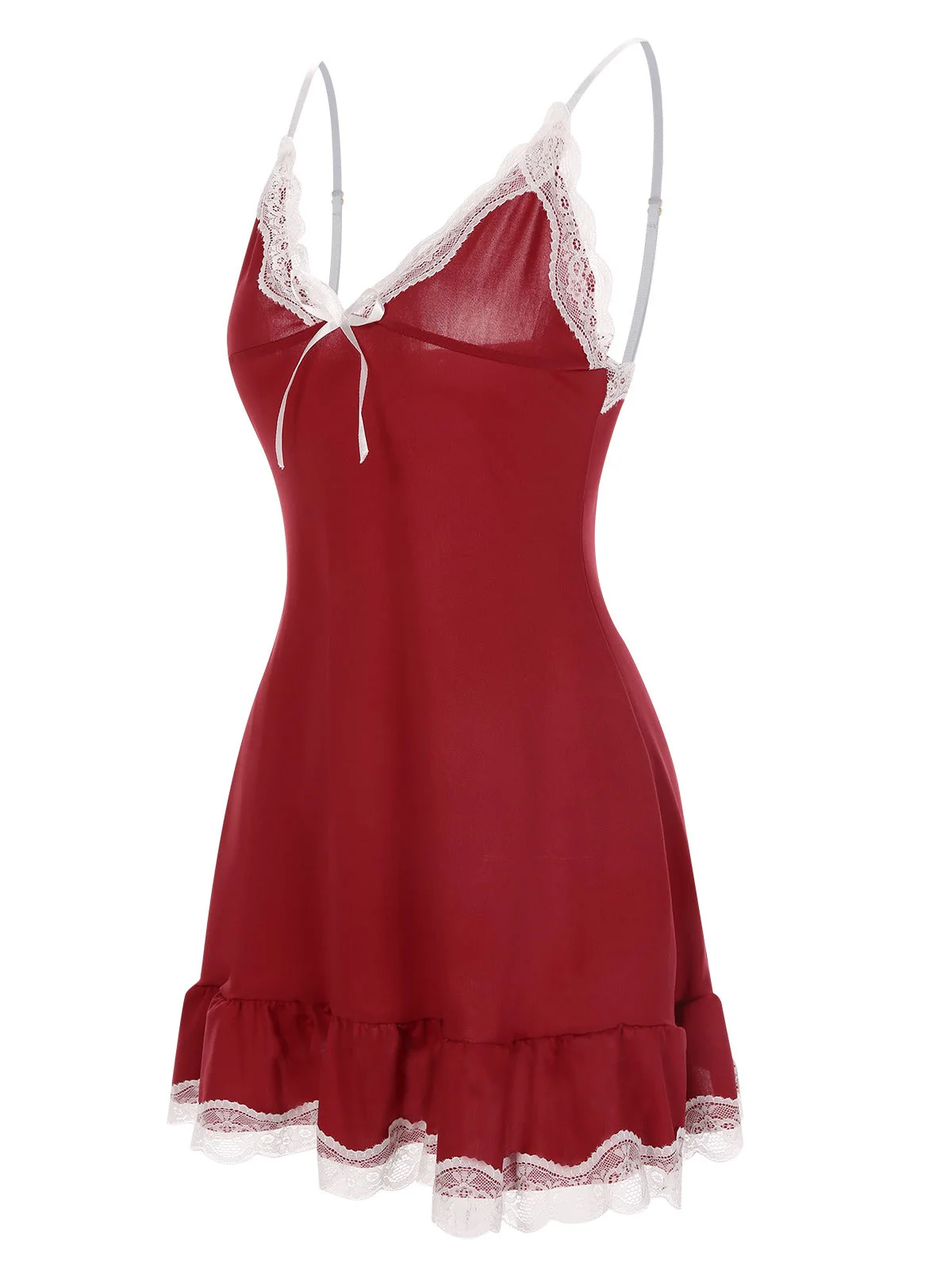 Chemise de nuit en dentelle rouge foncé à bretelles spaghetti des années 1970 - Image 2