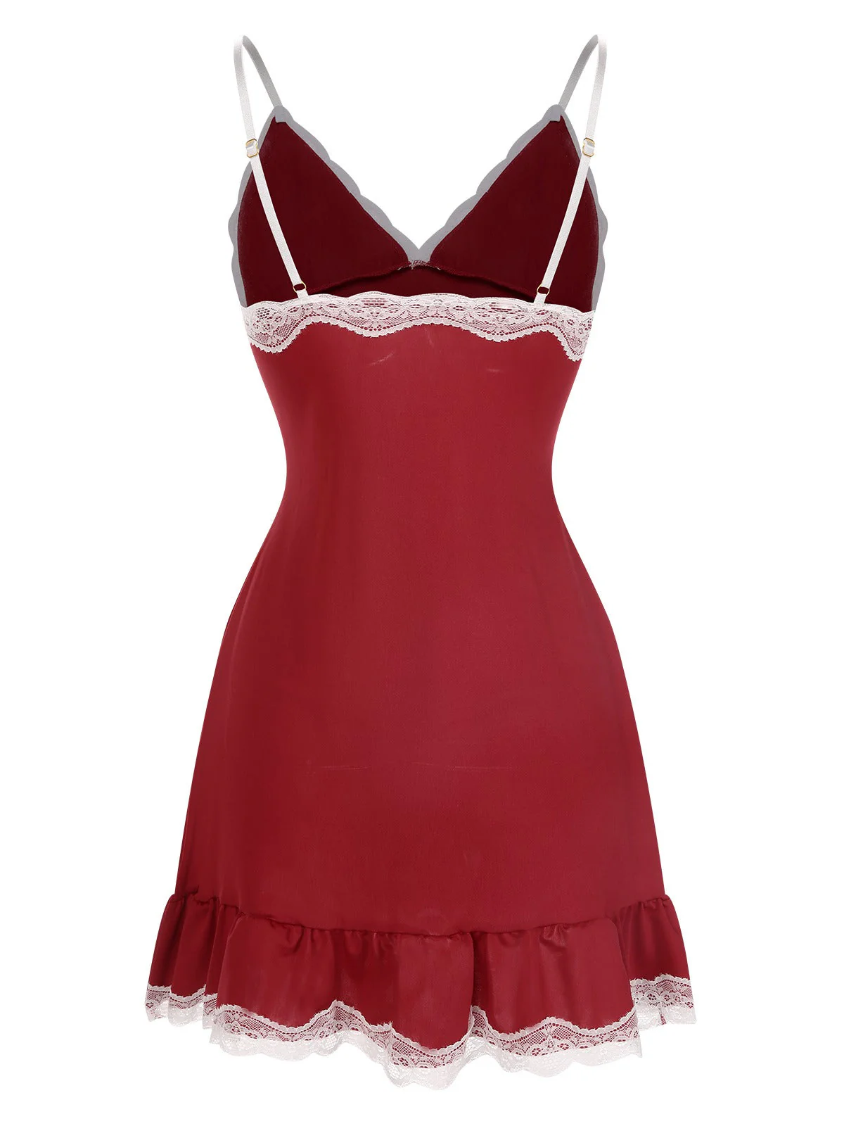Chemise de nuit en dentelle rouge foncé à bretelles spaghetti des années 1970 - Image 3