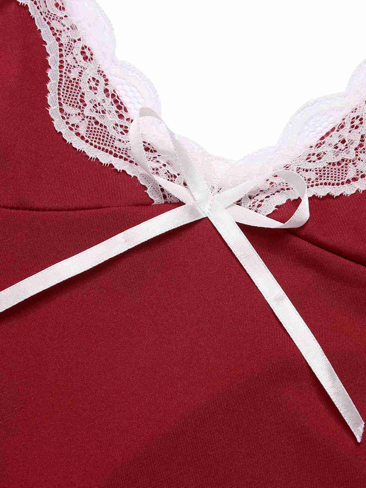 Chemise de nuit en dentelle rouge foncé à bretelles spaghetti des années 1970 - Image 4