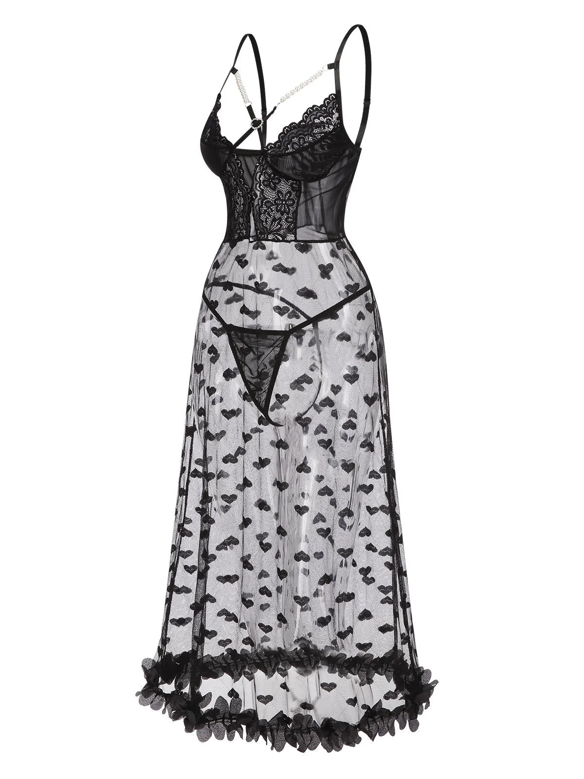 Chemise de nuit noire à bretelles spaghetti en dentelle et cœur des années 1950 - Image 2