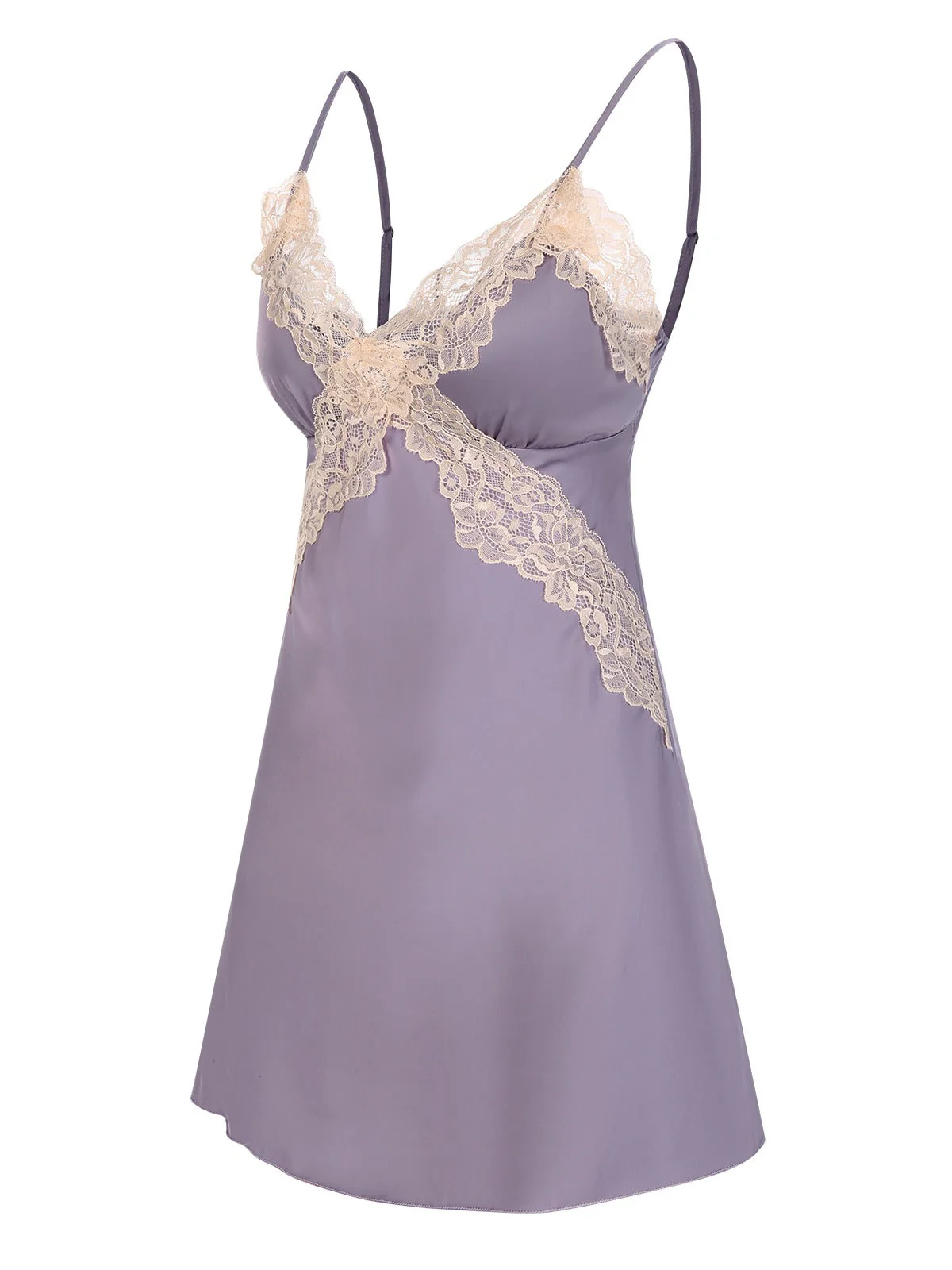 Chemise de nuit patchwork en satin et dentelle lavande des années 1970 - Image 3
