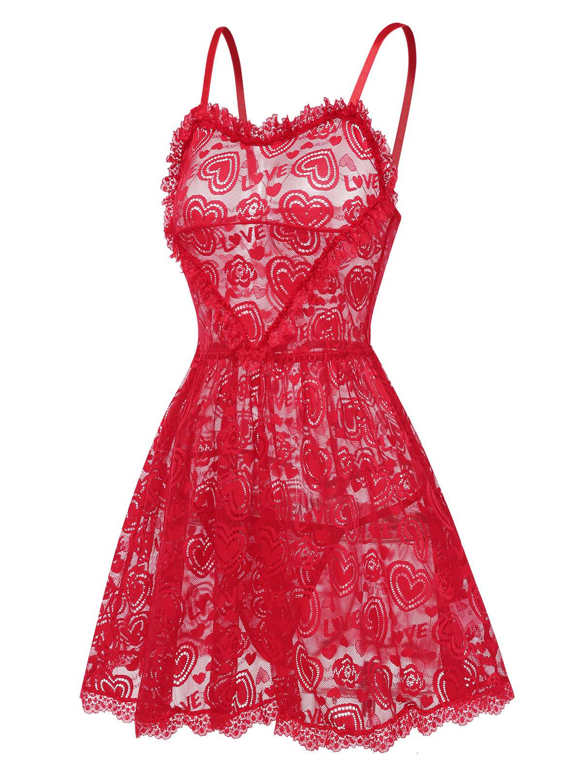 Chemise de nuit rouge à bretelles en dentelle cœurs de des années 1950 - Image 2
