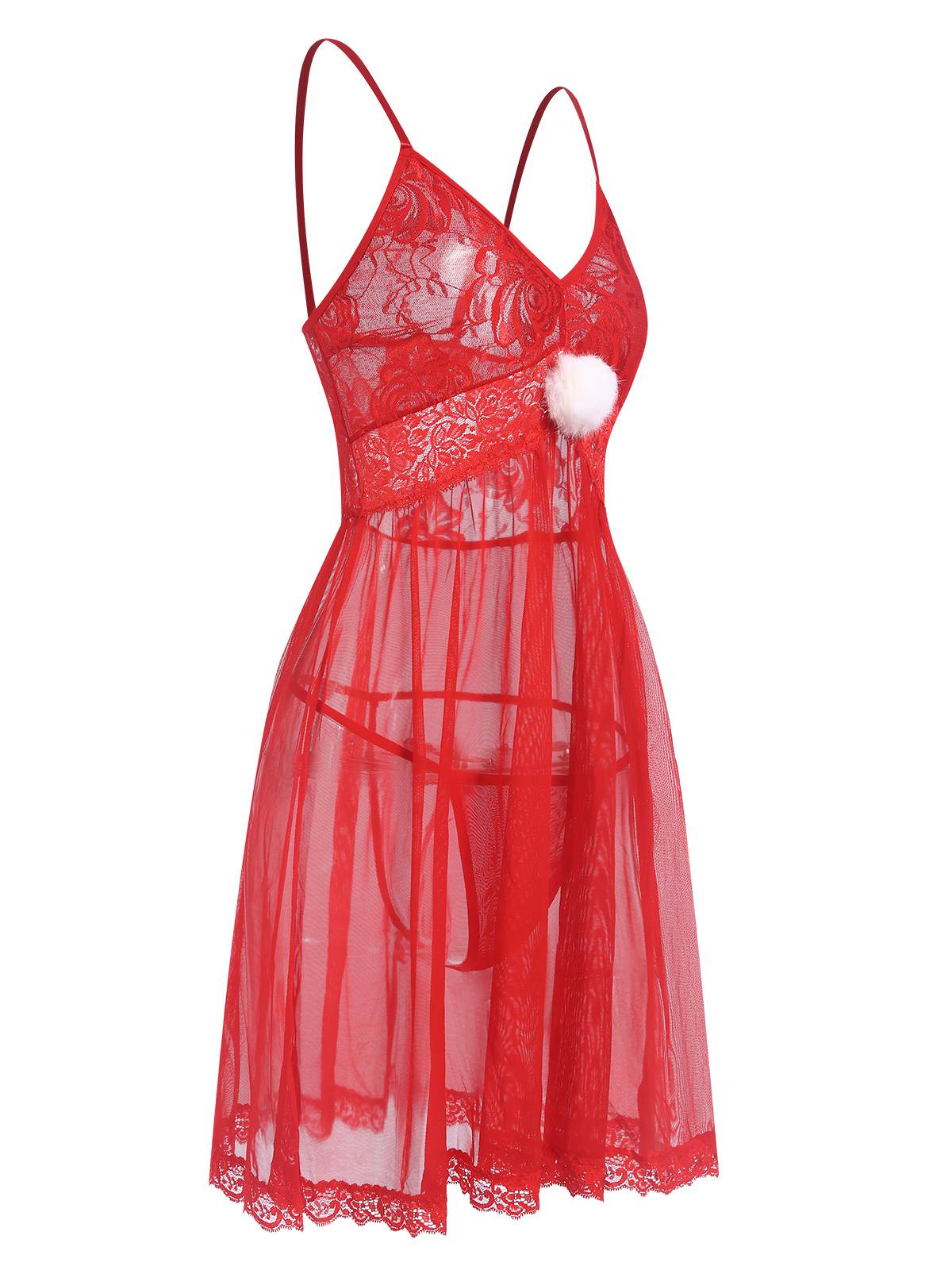 Chemise de nuit rouge à bretelles transparentes en dentelle de Noël des années 1950 - Image 2