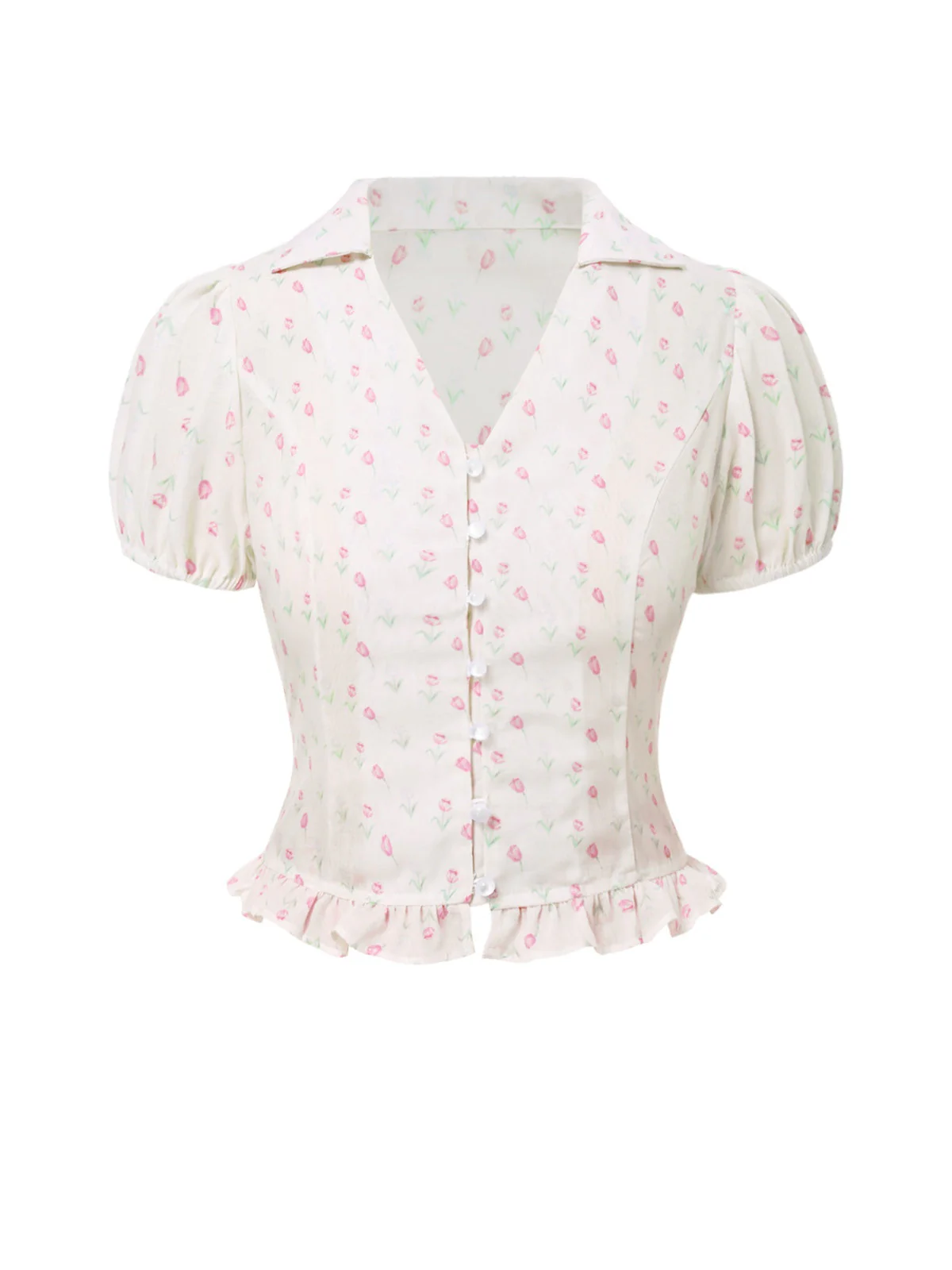 Chemisier rose tulipe à volants et col en V années 1940 - Image 3