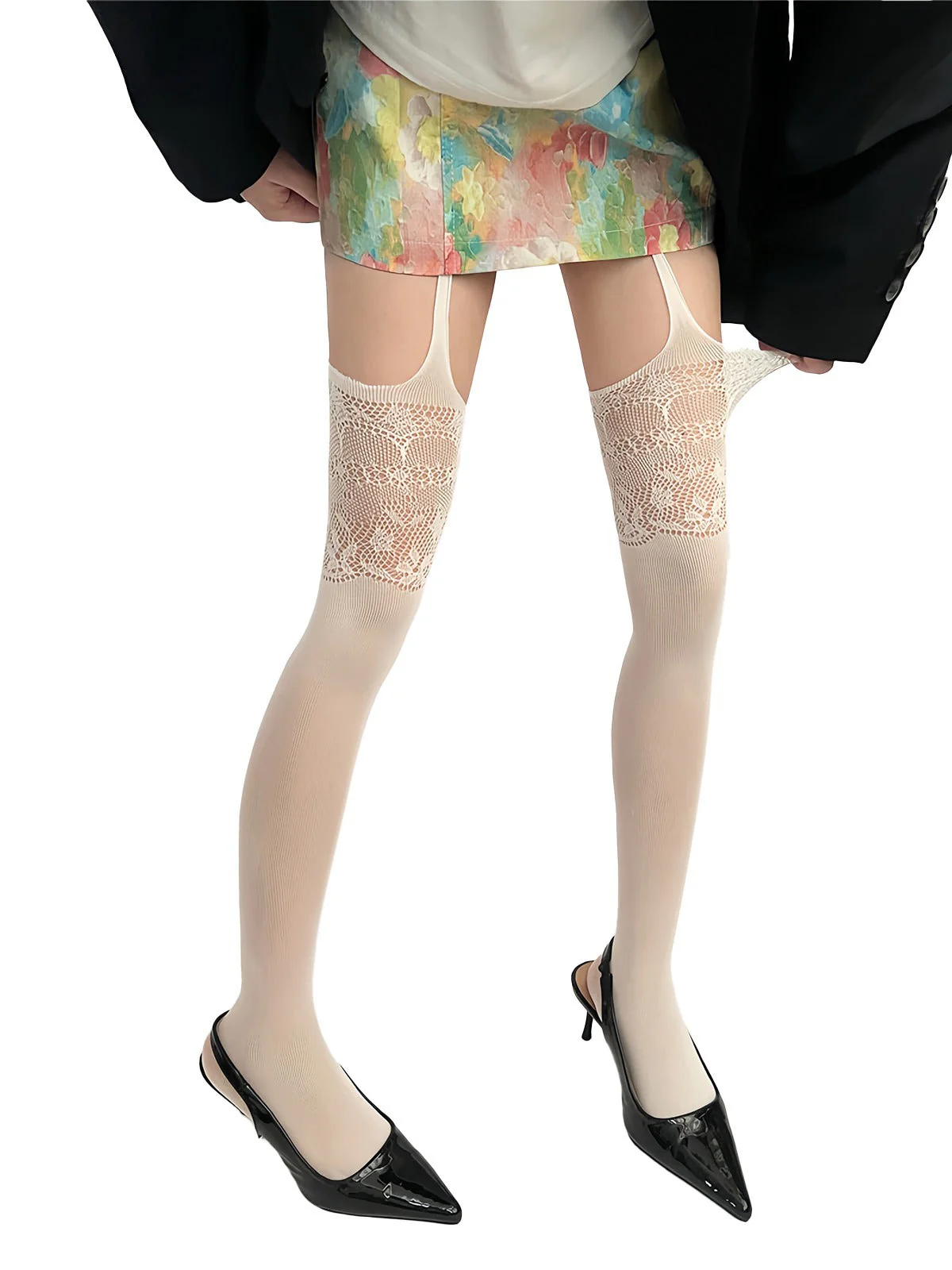 Collants porte-jarretelles vintage en dentelle unie - Image 6