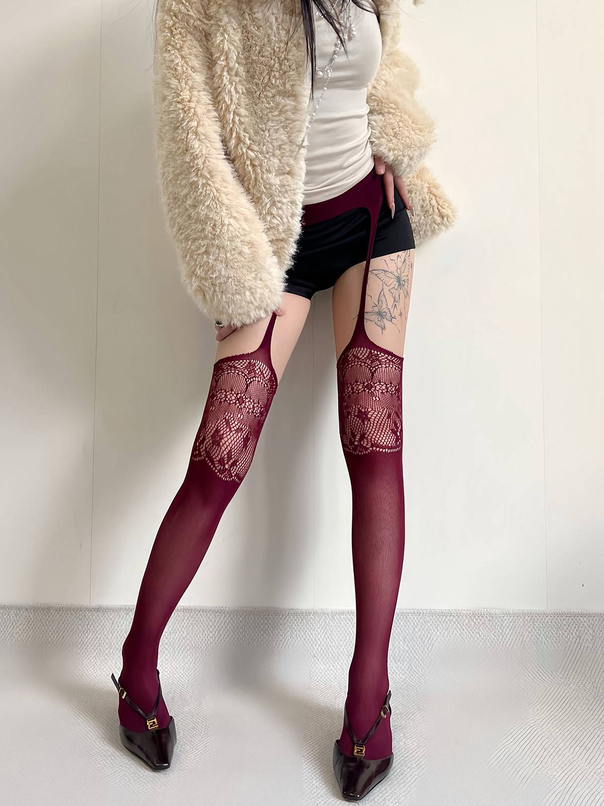 Collants porte-jarretelles vintage en dentelle unie - Image 8