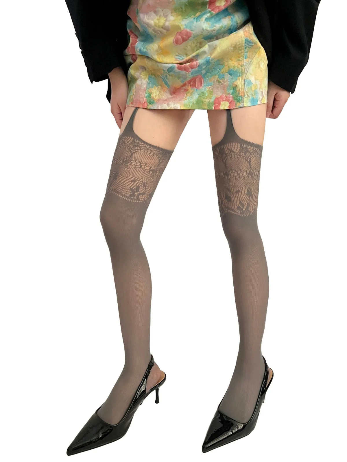 Collants porte-jarretelles vintage en dentelle unie - Image 9