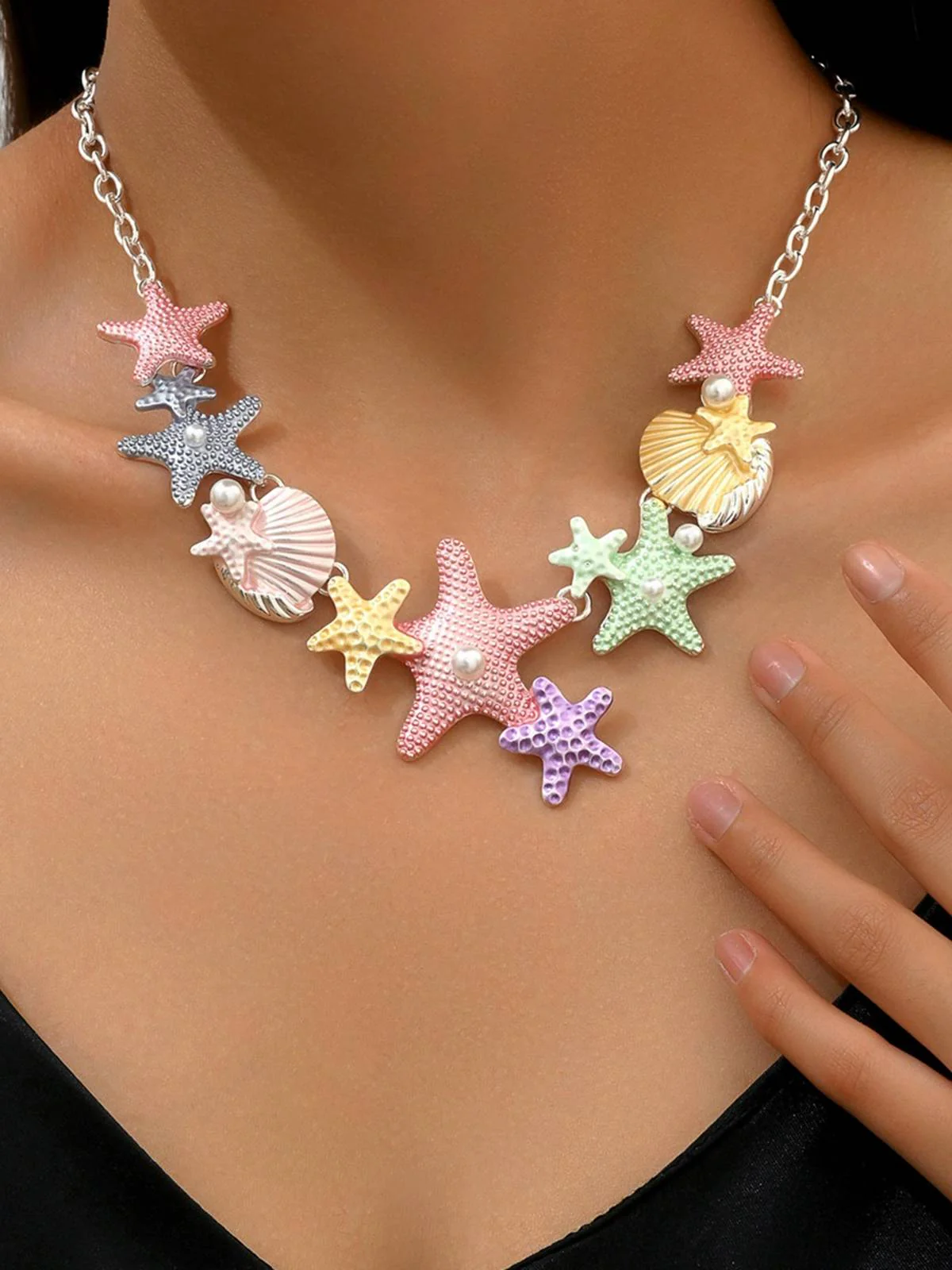 Collier chaîne étoiles de mer coquillage perle - Image 2