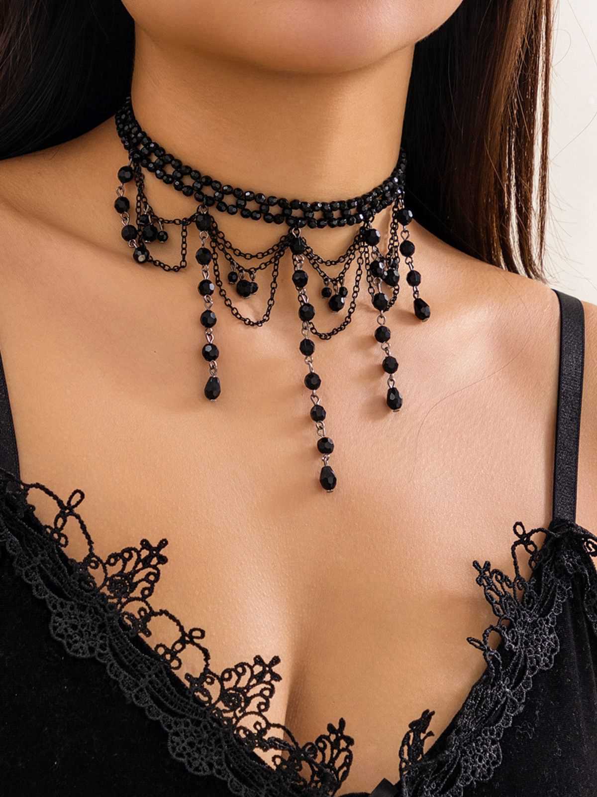 Collier pendentif gothique à pampilles en cristal artificiel noire - Image 3