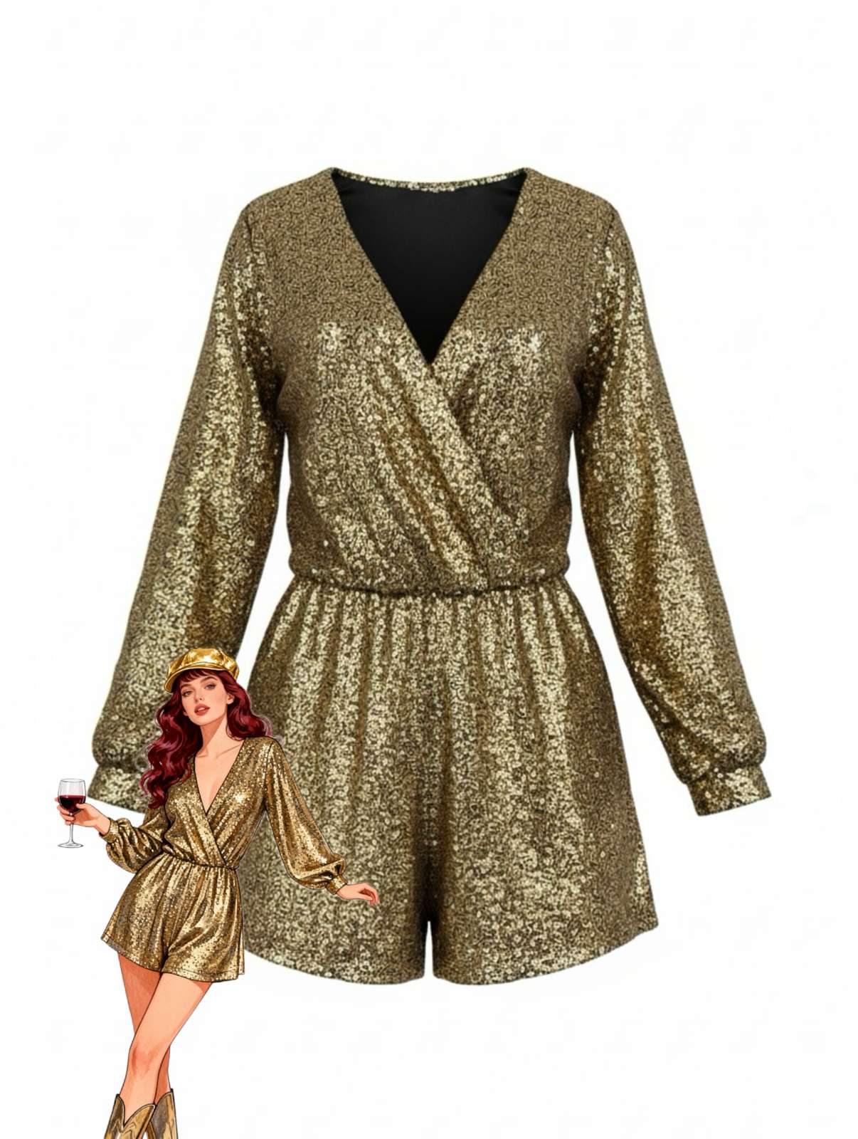 Combishort à manches longues et col en V à sequins années 1970