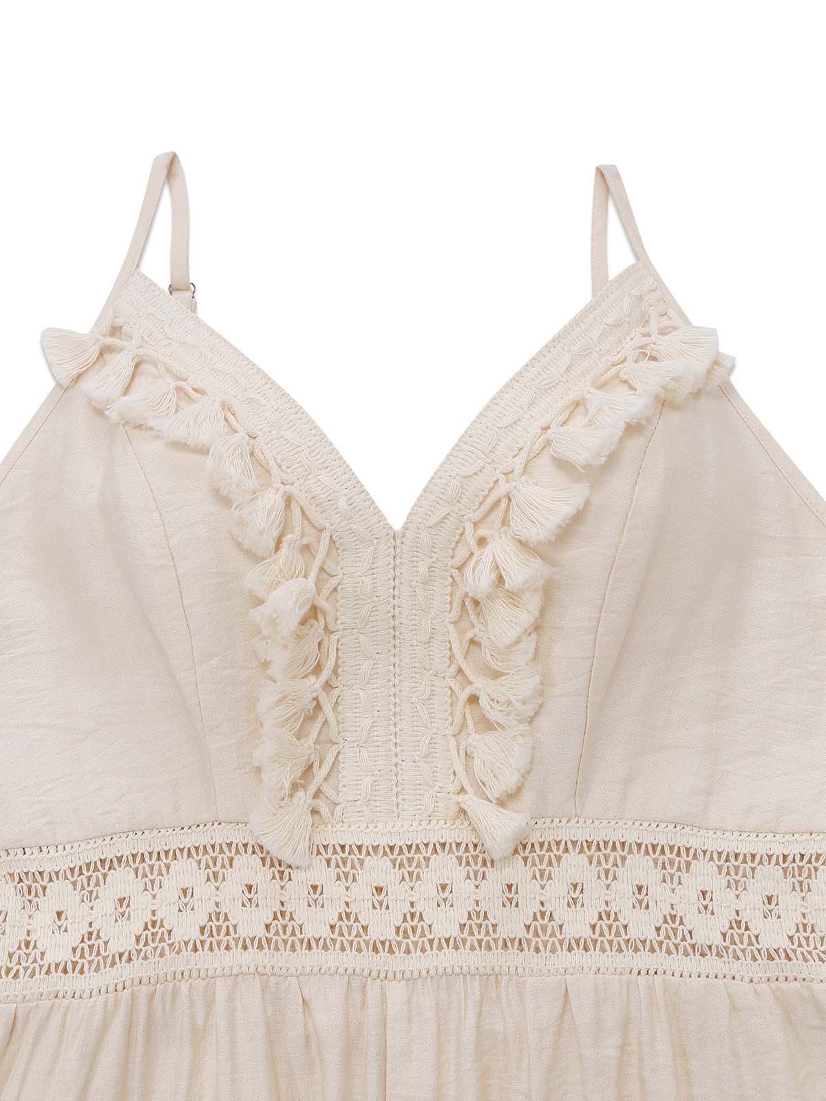 Combinaison beige fines bretelles dentelle et pompons années 70 - Image 4