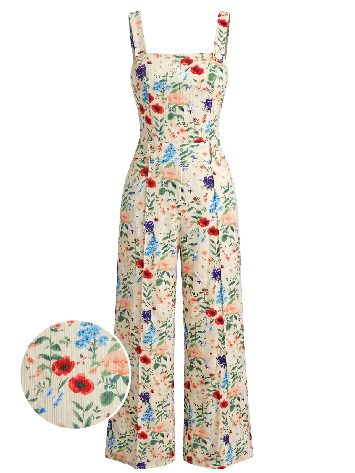 Combinaison Beige Florale Col Carré Bretelles Fines Années 1950