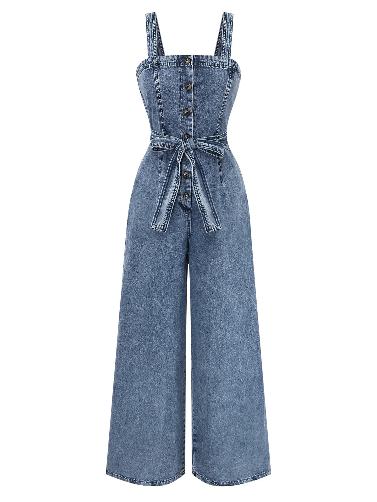 Combinaison bleue denim boutonnée larges bretelles et ceinture années 30
