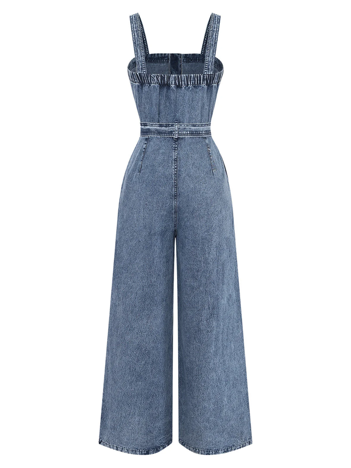 Combinaison bleue denim boutonnée larges bretelles et ceinture années 30 - Image 2