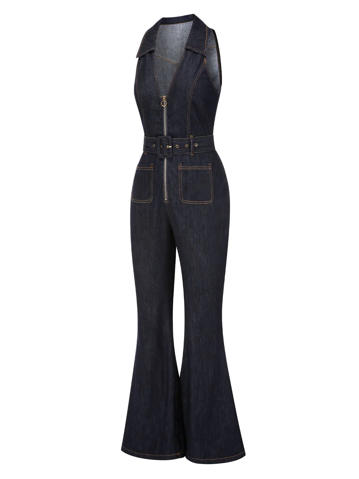Combinaison bleue évasée en jean avec col années 1970 - Image 5