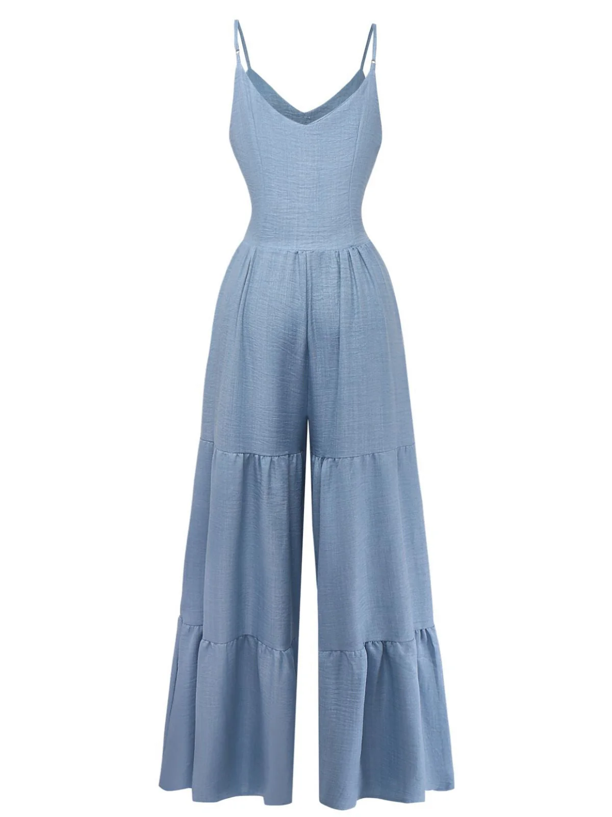 Combinaison bleue unie à décolleté en V profond et volants froncés années 1930 - Image 3