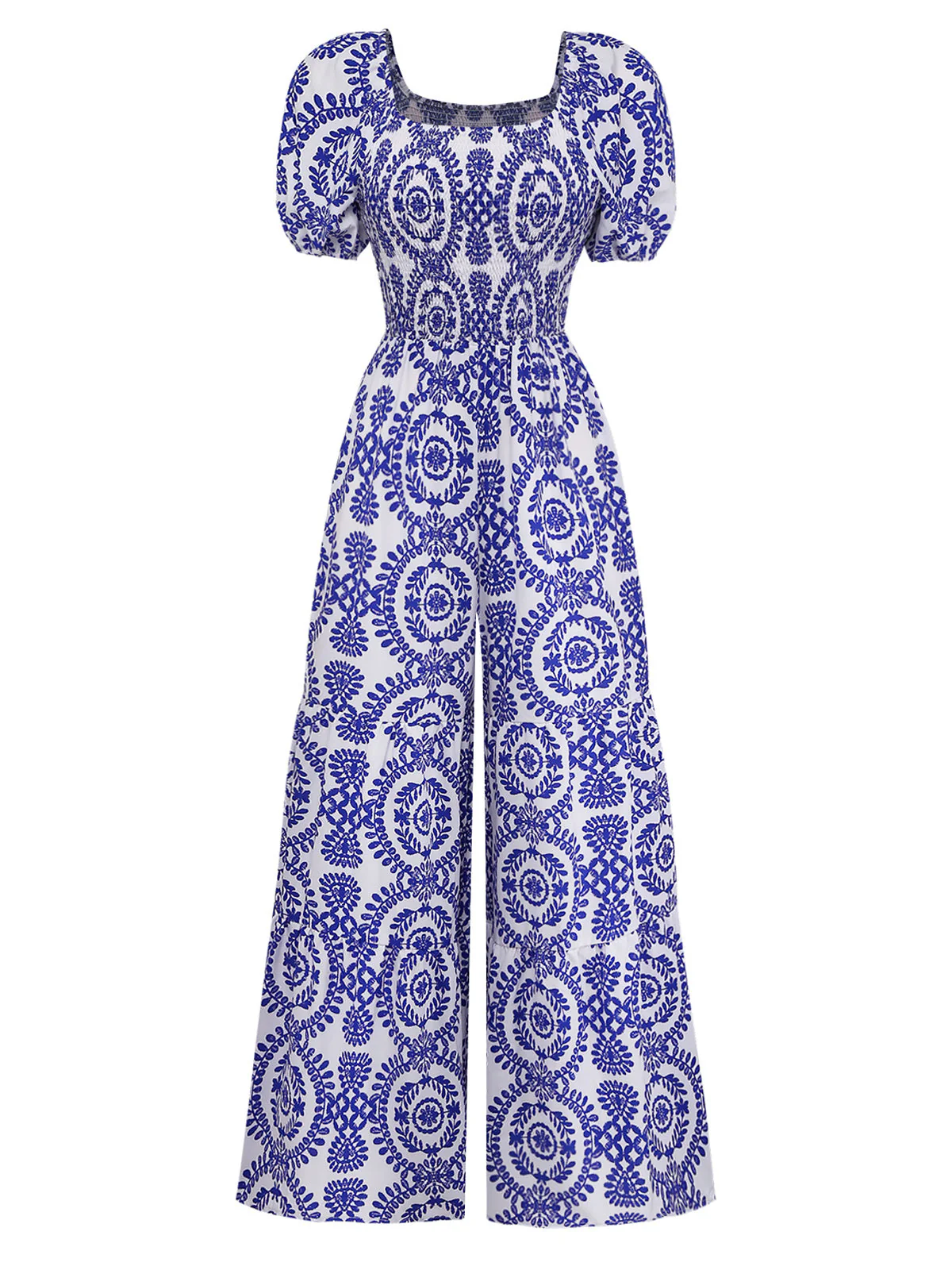 Combinaison bohème bleue motif floral encolure arrondie et manches bouffantes années 50 - Image 2