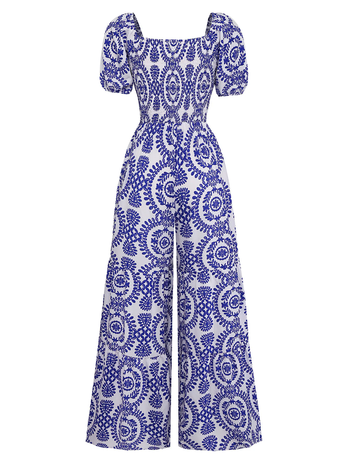 Combinaison bohème bleue motif floral encolure arrondie et manches bouffantes années 50 - Image 3
