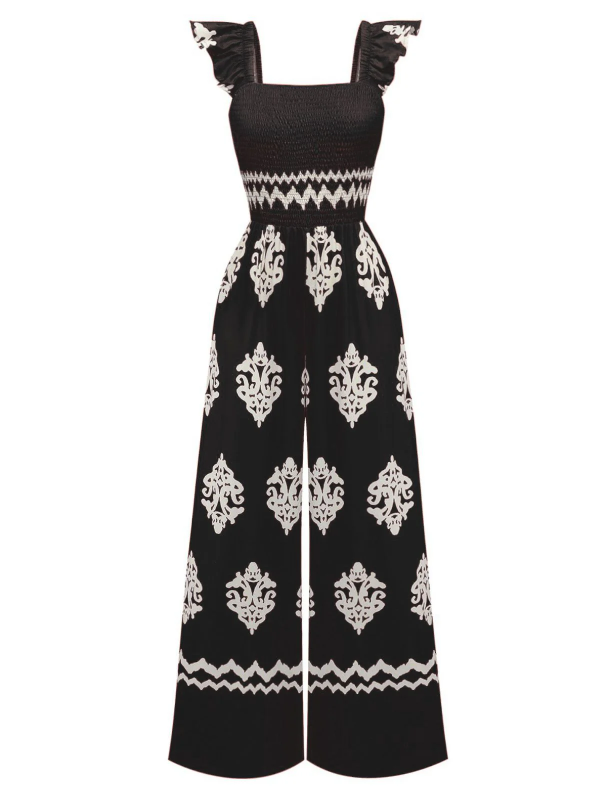 Combinaison col carré imprimé tribal bohème des années 1970