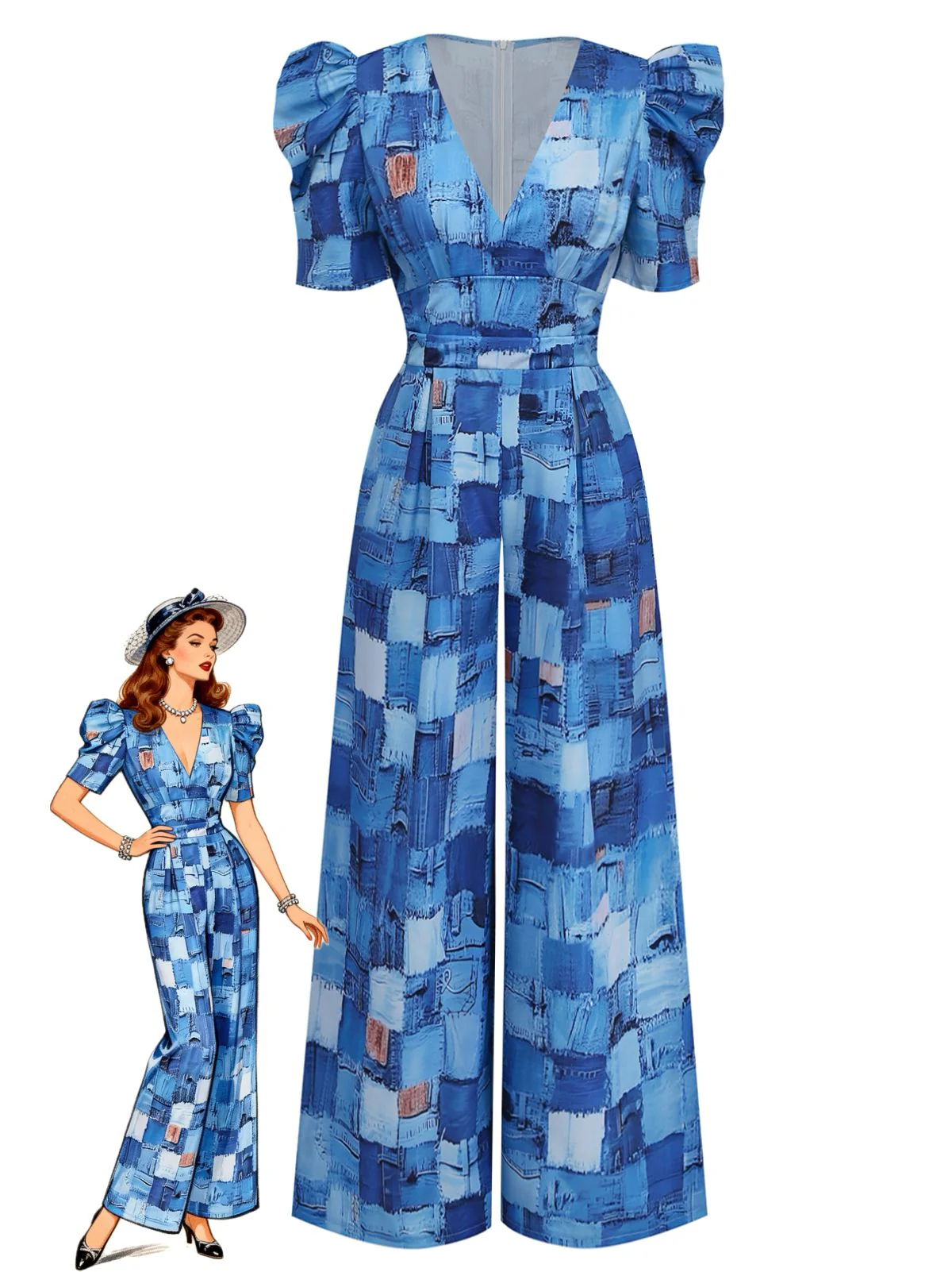 Combinaison col V manches bouffantes bleue 1940s