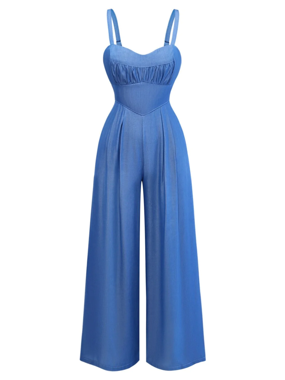Combinaison froncée à bretelles spaghetti denim bleu années 1950 - Image 2