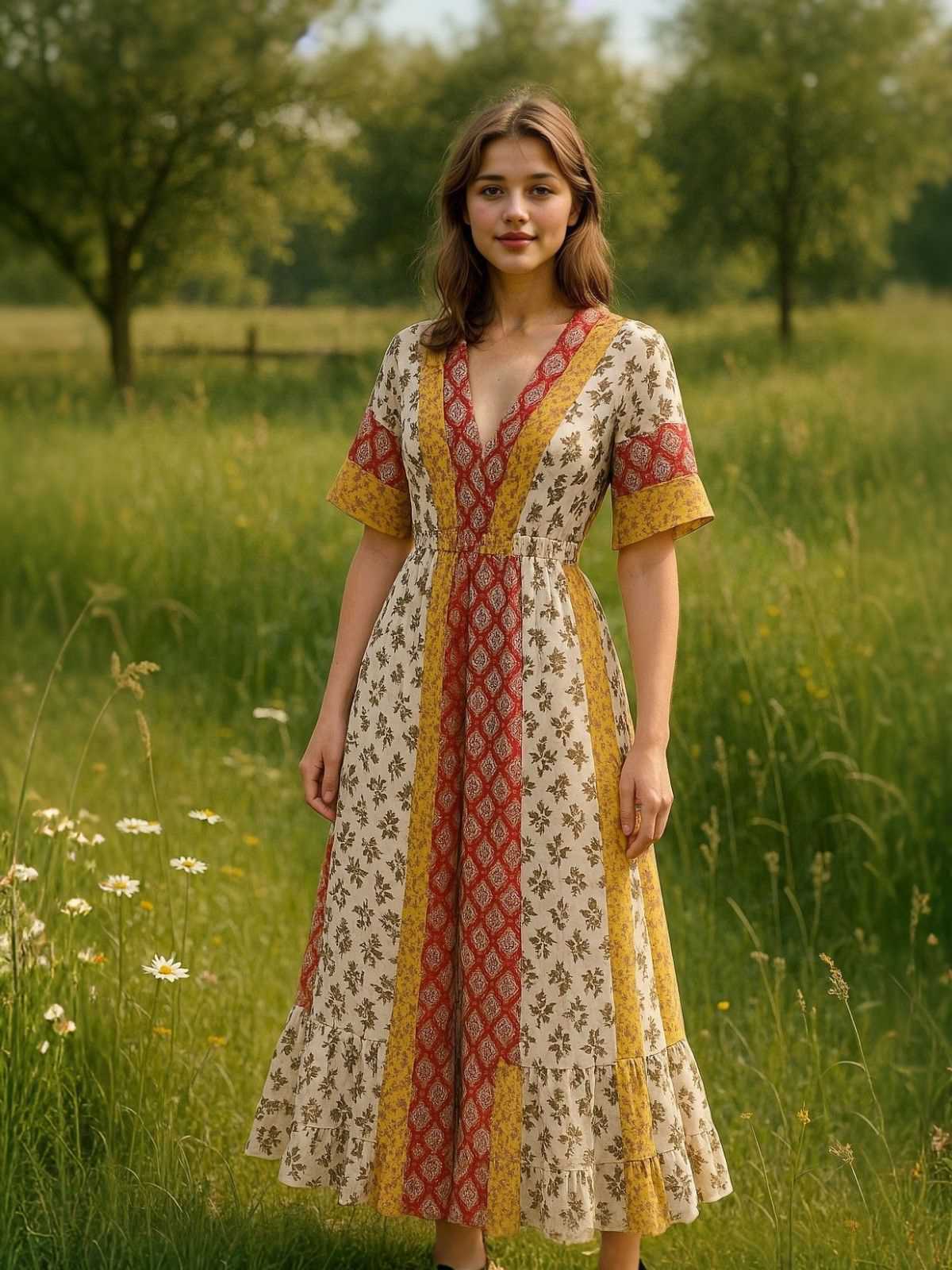 Combinaison jaune motif tribal floral bohème des années 1970 - Image 2
